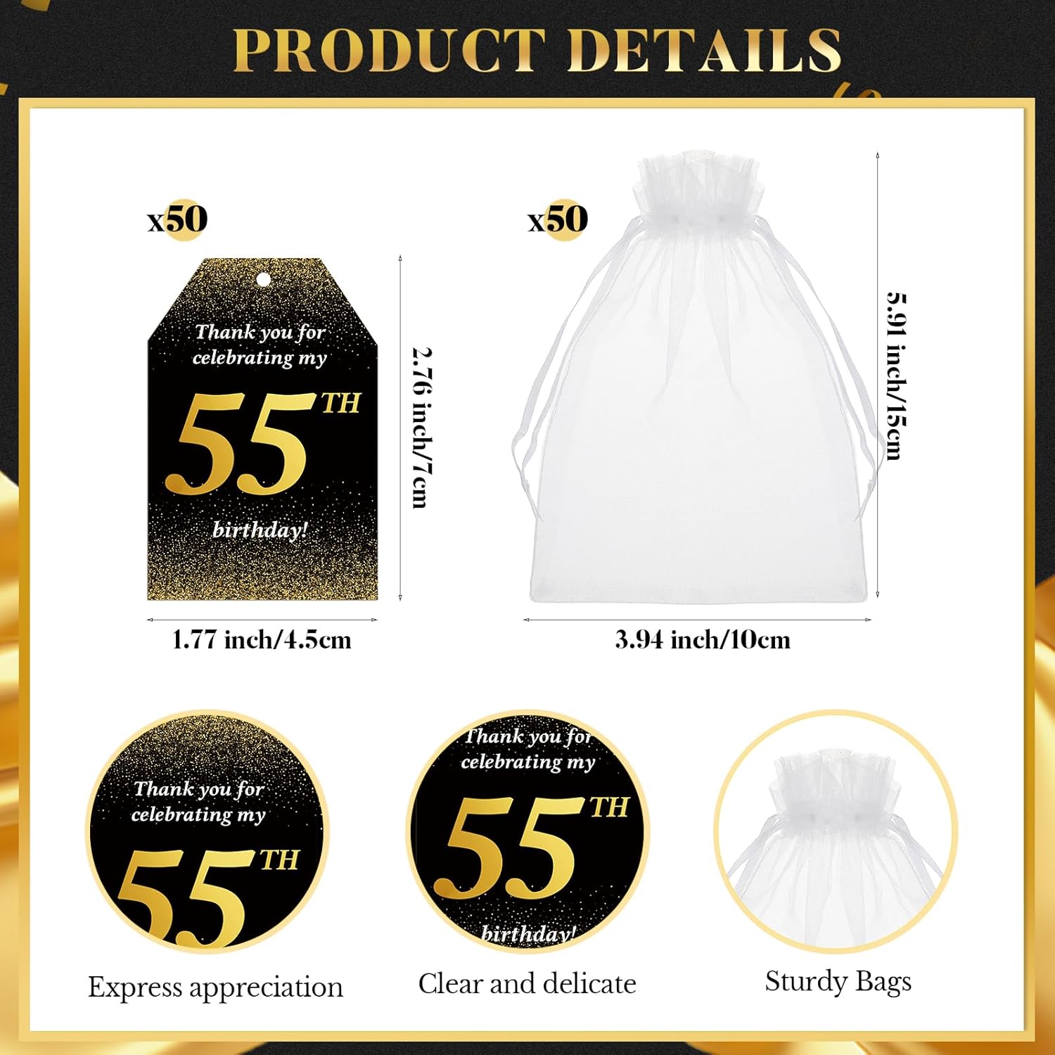 50 Sets Birthday Party Favors for Guests Souvenir Short Glasses Acrylic Clear Shot Glasses Thank You Tags with Organza Bags Twine for Anniversary Wedding Shower(Cheers to 55 Years)