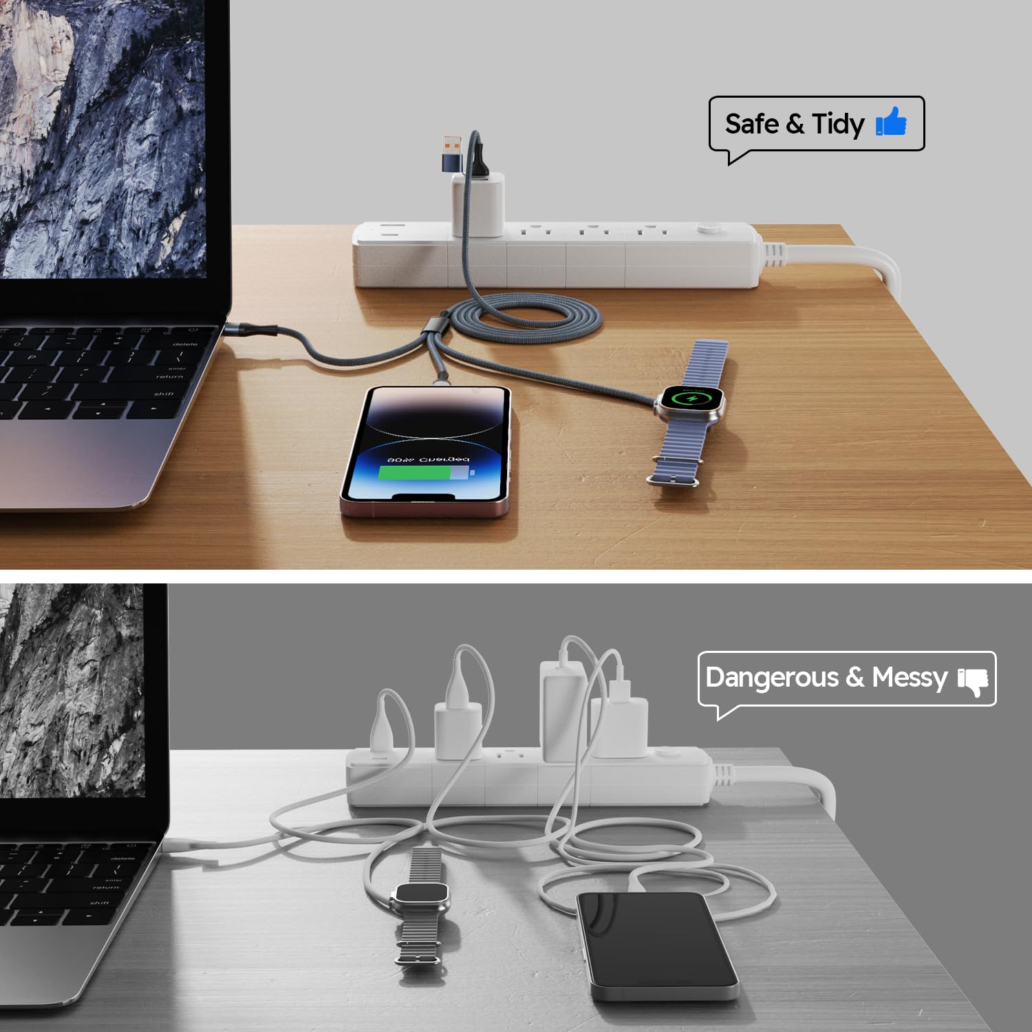 Travel Essentials Câble de charge multiple de 19,4 cm² pour Apple Watch, chargeur USB A/C vers chargeur de type C/IP/iWatch, câbles de charge pour plusieurs appareils compatibles avec iWatch Series et