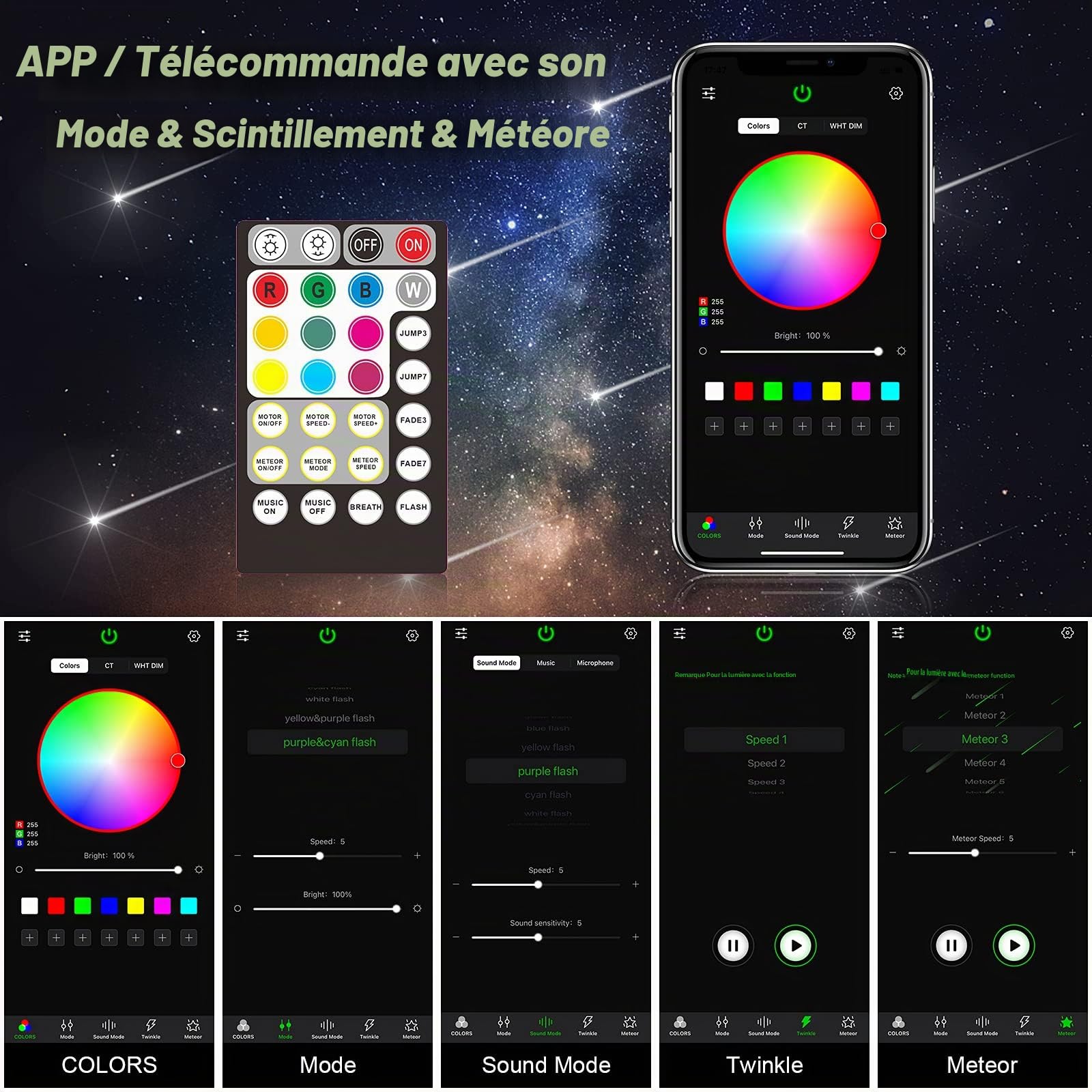 CHINLY Bluetooth Meteor 32W RGBW Twinkle LED Fibre Optique Star Plafonniers Kit APP/Télécommande Mixte 1000 + 8 = 1008Pcs * 0.75 * 5M + 10 Cristaux pour Maison/Voiture