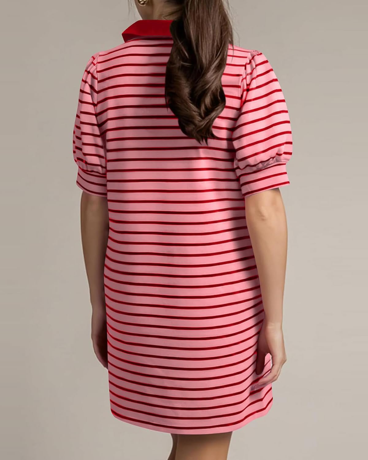 Women's 2026 Summer Casual Striped T Shirt Mini Dress Lapel V Neck Puff Short Sleeve Beach Vacation A-Line Dress - Image 2