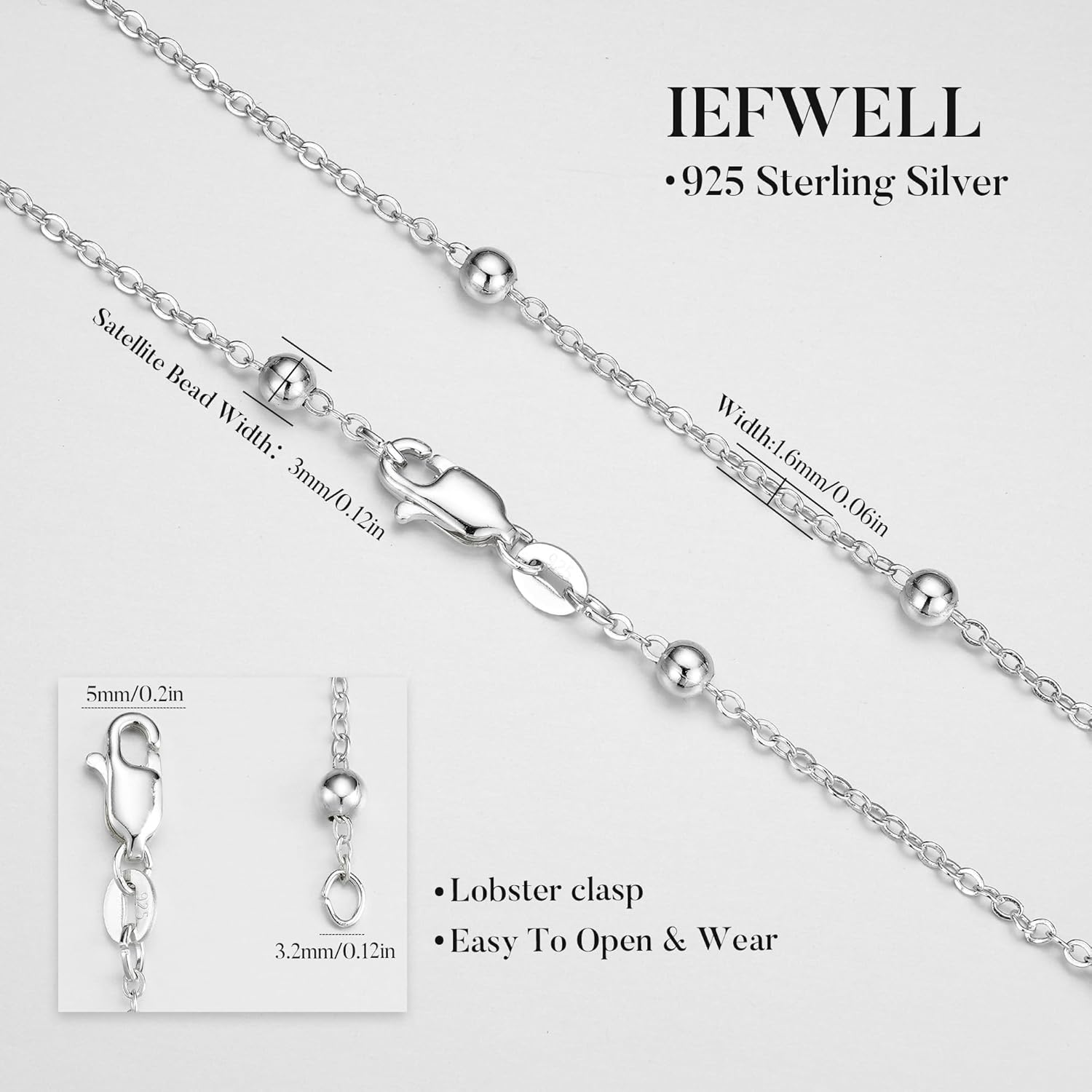 IEFWELL Solid 925 Sterling Silver Chain Necklace for Women, 1.6mm Satellite Bead Chain Necklace Shiny Sturdy Hypoallergenic Chain Necklaces, 16/18/20/22/24 Inches Dainty Silver Jewelry for Women 20 Inch image 6 of 9 B0FH9M4DX1