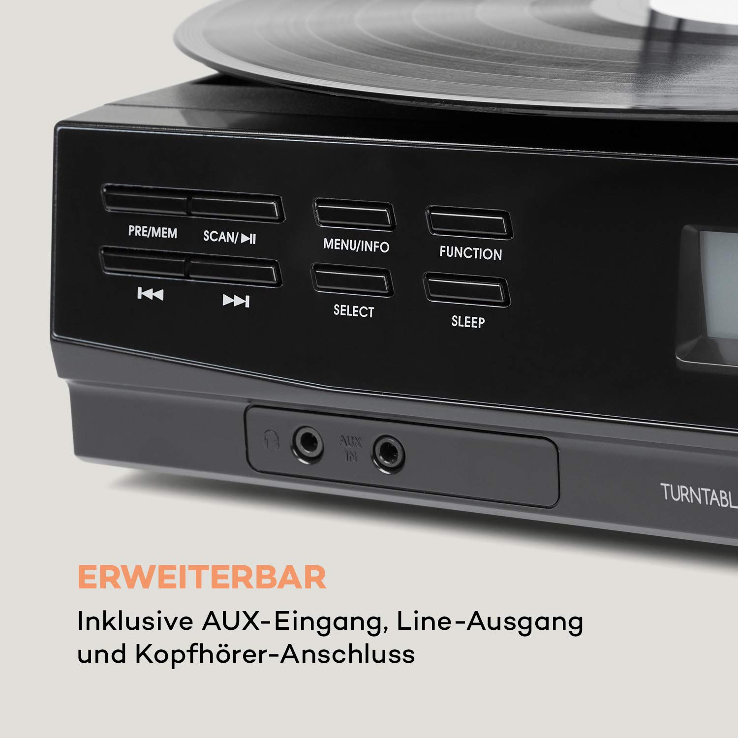 auna TT-186 DAB Plattenspieler - DAB+, FM Radio, Bluetooth-Funktion, Riemenantrieb mit 33, 45 U min, AUX-Eingang, Line-Ausgang, Schlaffunktion, inkl. Kopfhörer-Anschluss