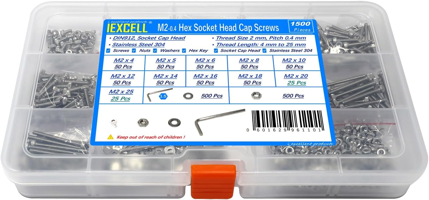 iexcell 1500 Pcs M2 x 4/5/6/8/10/12/14/16/18/20/25 Stainless Steel 304 Hex Socket Head Cap Screws Bolts Nuts Washers Assortment Kit