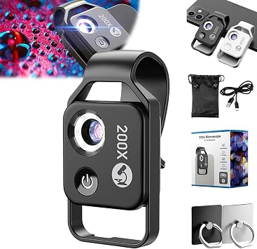 Nanozoom 200x Magnification Zoom, Nanozoom High-Tech Clip-On Lens Turns Any Smartphone Into A Pro-Microscope, Phone Microscope with CPL Lens/LED Light, 200x Pocket Microscope Camera Black