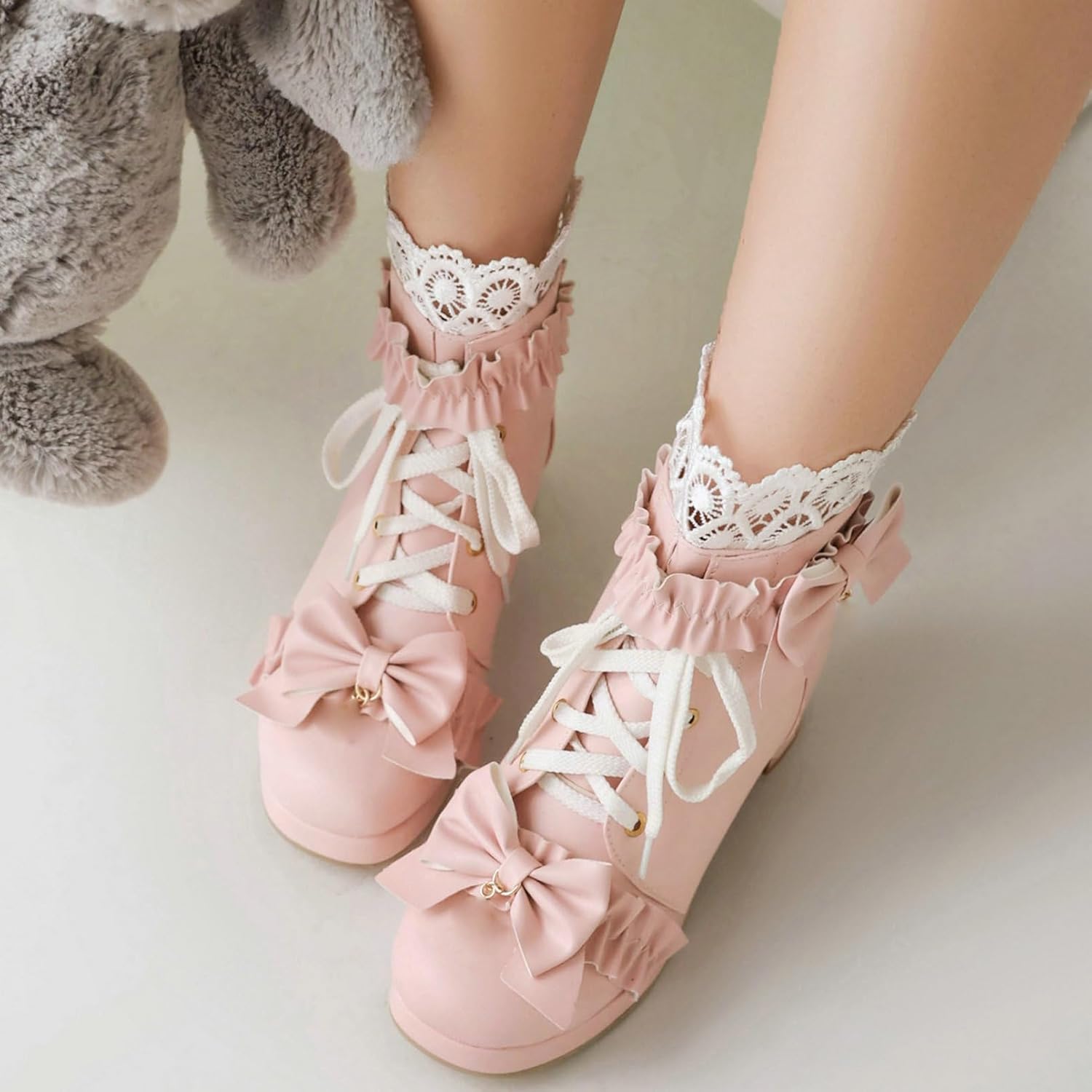 LUXMAX Women Cute Lolita Boots Chunky Mid Heel Ankle Boots with Bow Platform Lace Up Booties with Pearl