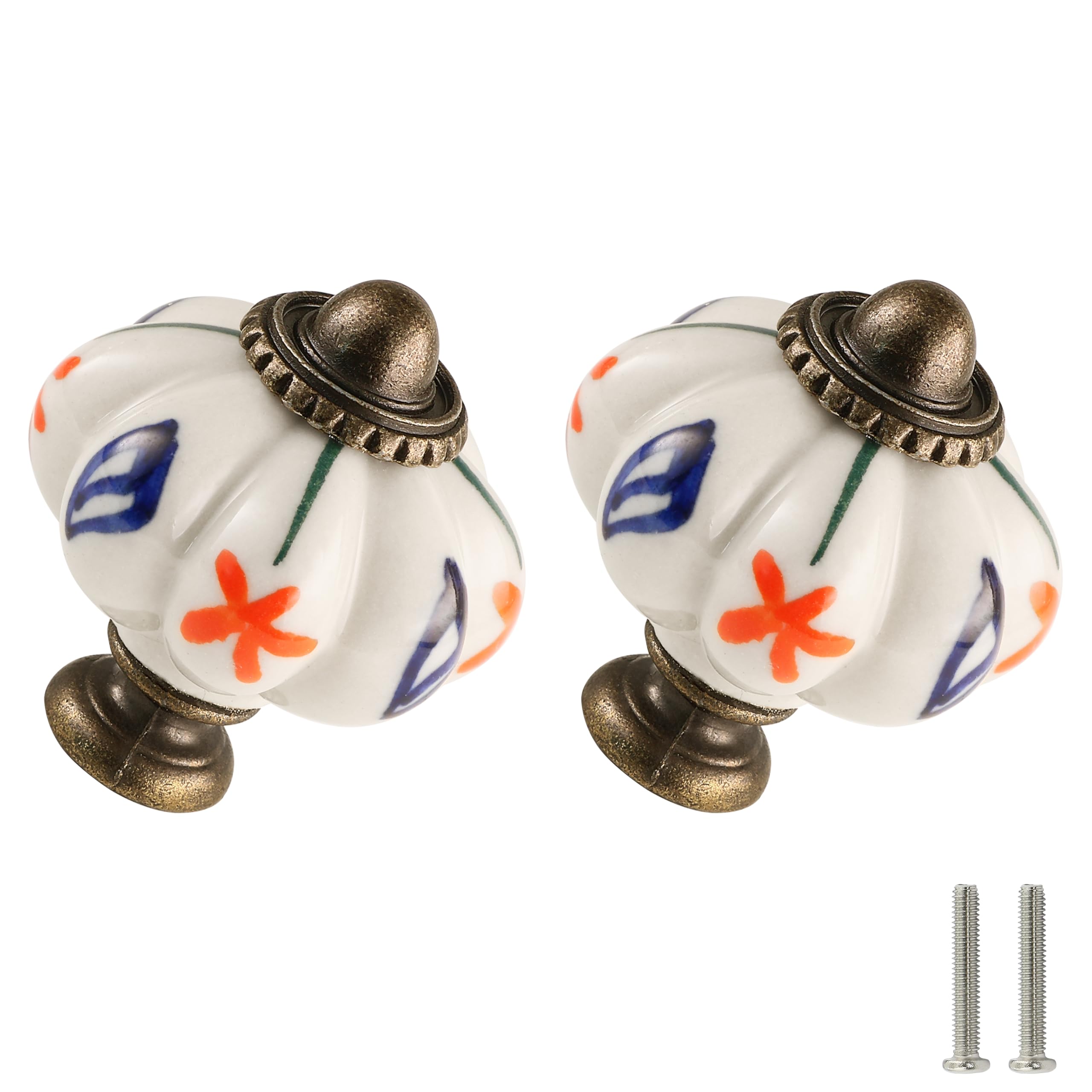 Zernmiarder Ivory Pumpkin Knobs 6 Pack Ceramic Cabinet Knobs Vintage Drawer Pulls - Antique Dresser Pulls with Screws - Red Flower & Blue Leaf — image 1