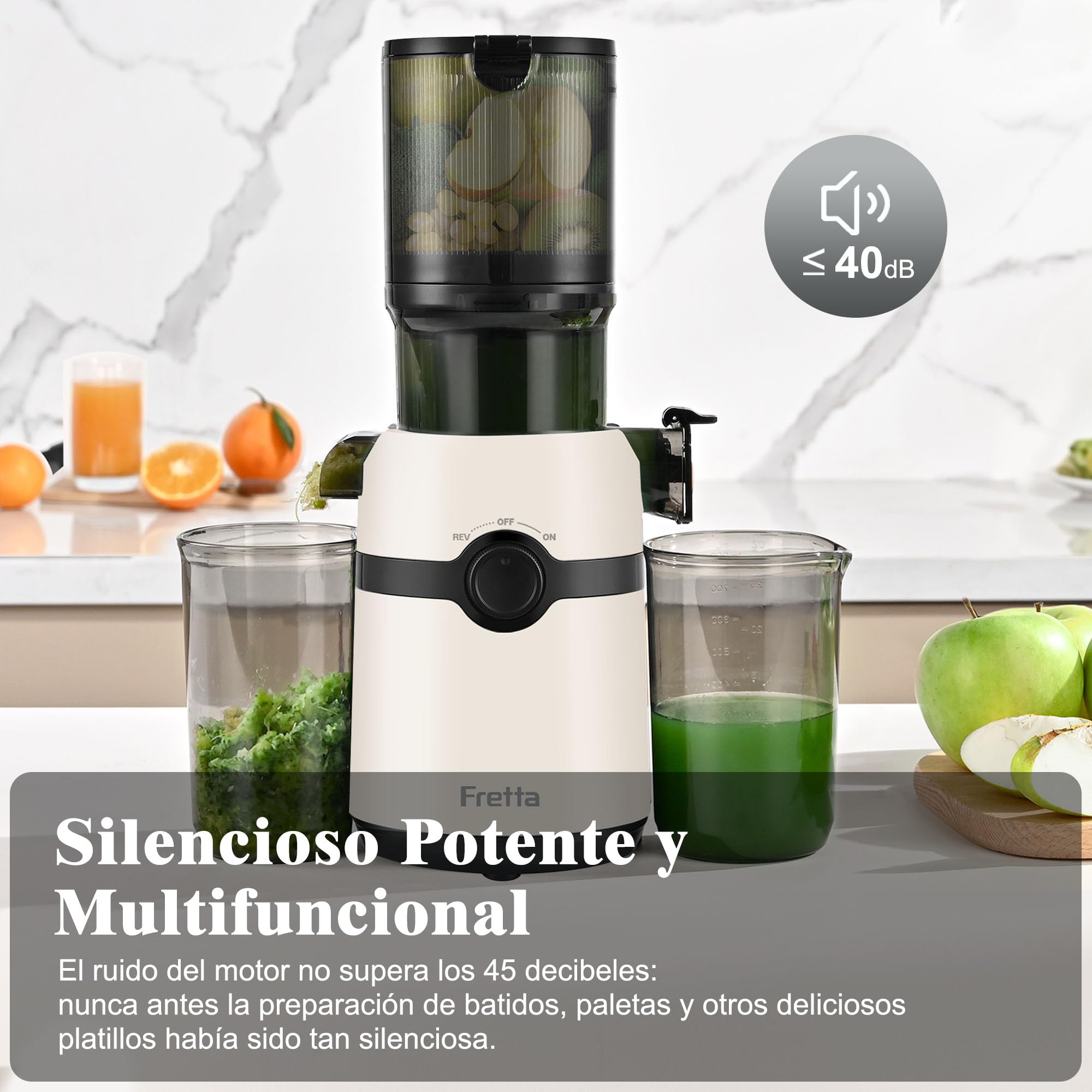 Fretta Extractor de Zumos y Verduras, Apertura de 108MM y Capacidad de 1L, Licuadora Prensado en Frio para Verduras Frutas Enteras, 200W Slow Juicer Machine,Fácil Montaje y Limpieza,Sin BPA(Blanco,1L)