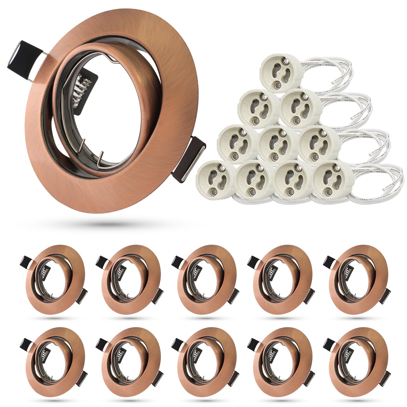 Allesgute 10x GU10 Downlights for Ceiling Round Antique Copper Finish Metal Frame for Recessed Ceiling Lights 360° Tilt Swivel Spotlights Fitting 240V, Cutout Ø68-85mm, No Bulbs