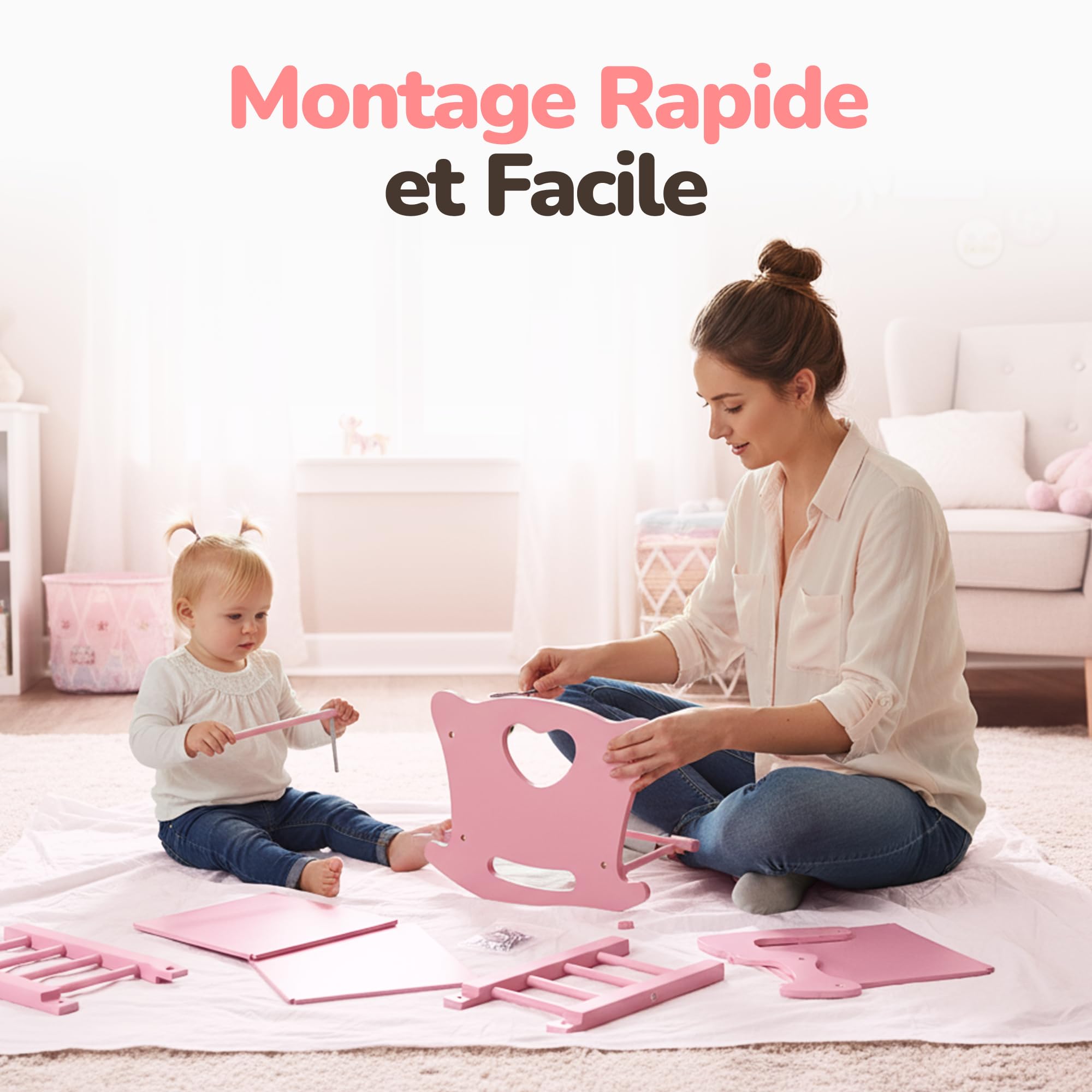 Kinderplay Berceau de poupée en Bois avec Parure de lit - Lit à Bascule pour poupées jusqu'à 49,5 cm - Jouet en Bois Durable pour Filles à partir de 3 Ans - Lit de poupée avec Matelas, Coussin et