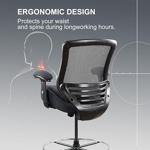 Miniatura 5 de Silla de dibujo de oficina de 400 libras de altura con cojín de asiento adicional para escritorio de alto pie con soporte lumbar y reposapiés