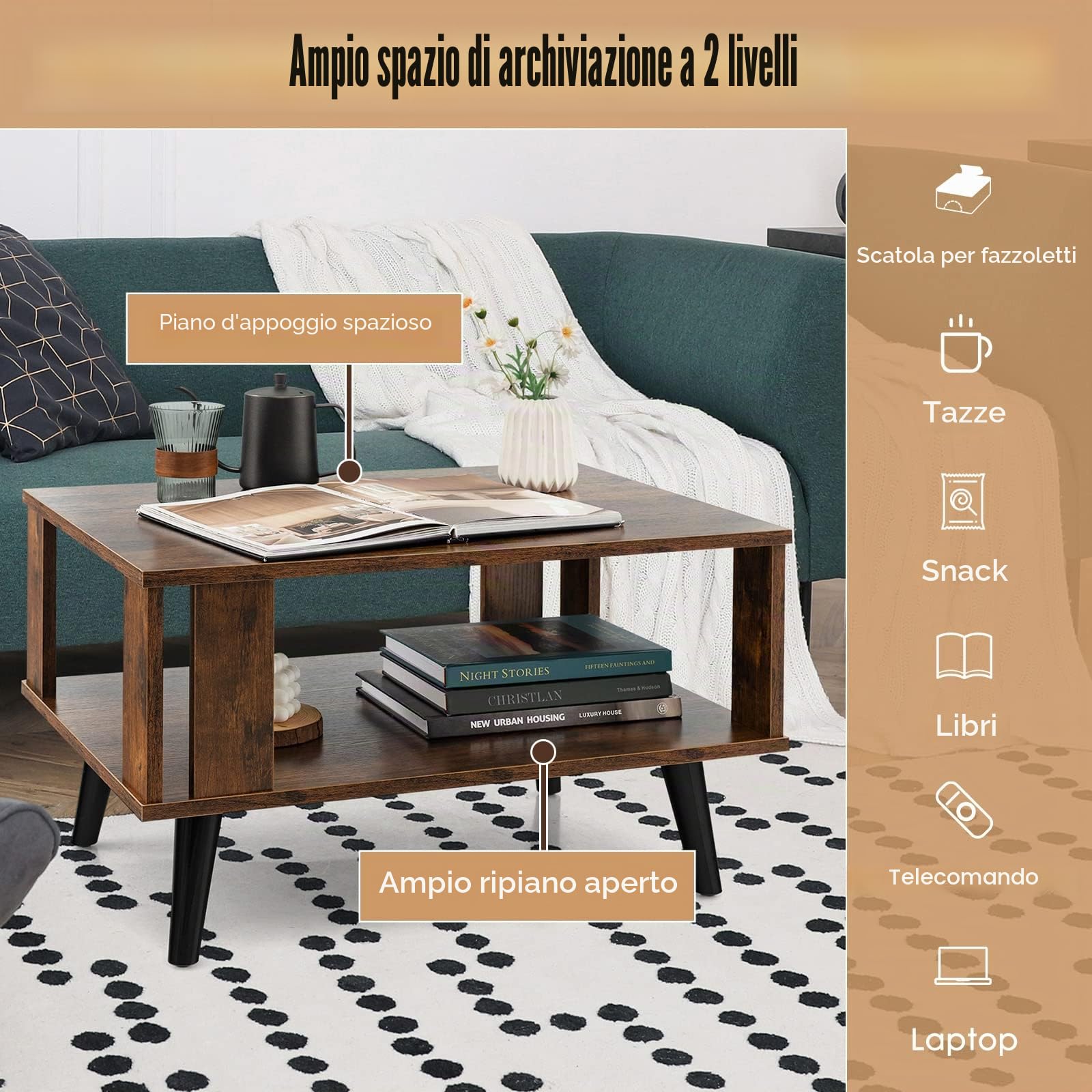 LIFEZEAL Tavolino da Salotto, Basso a 2 Ripiani, Tavolino da Caffè, da Divano, Scomparto Aperto, in Legno, Montaggio Semplice, Moderno, per Soggiorno, Max 70 kg, 70x50x41 cm, Marrone