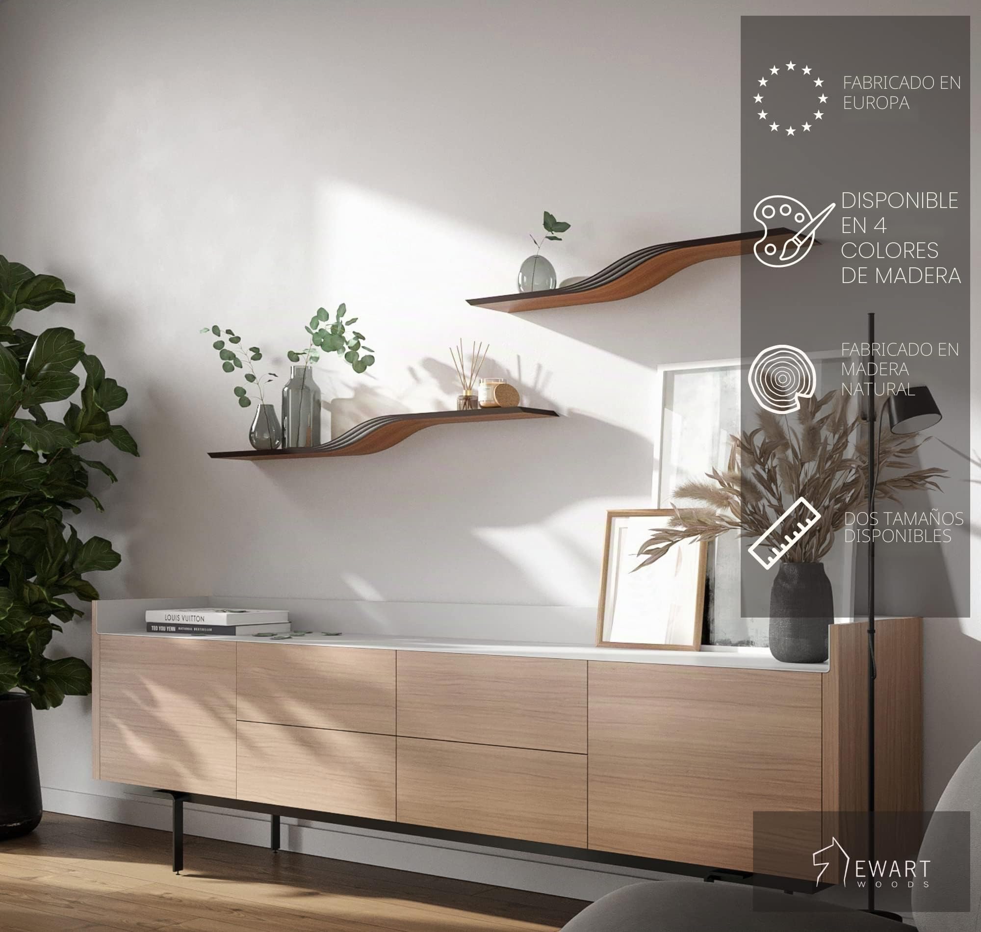 EWART WOODS Estante flotante de pared curvado de madera para colgar geométricos, estantes de madera modernos muebles hechos a mano (nogal, 95 cm)
