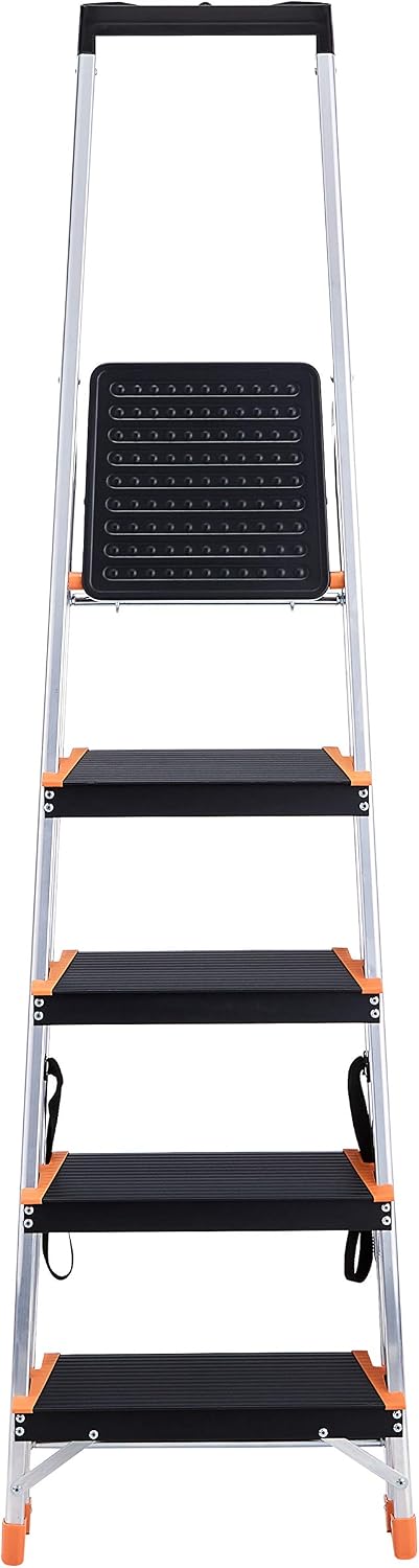 Amazon Basics Folding Step Ladder - 5-Step, Aluminum with Wide Pedal, Silver and Black
