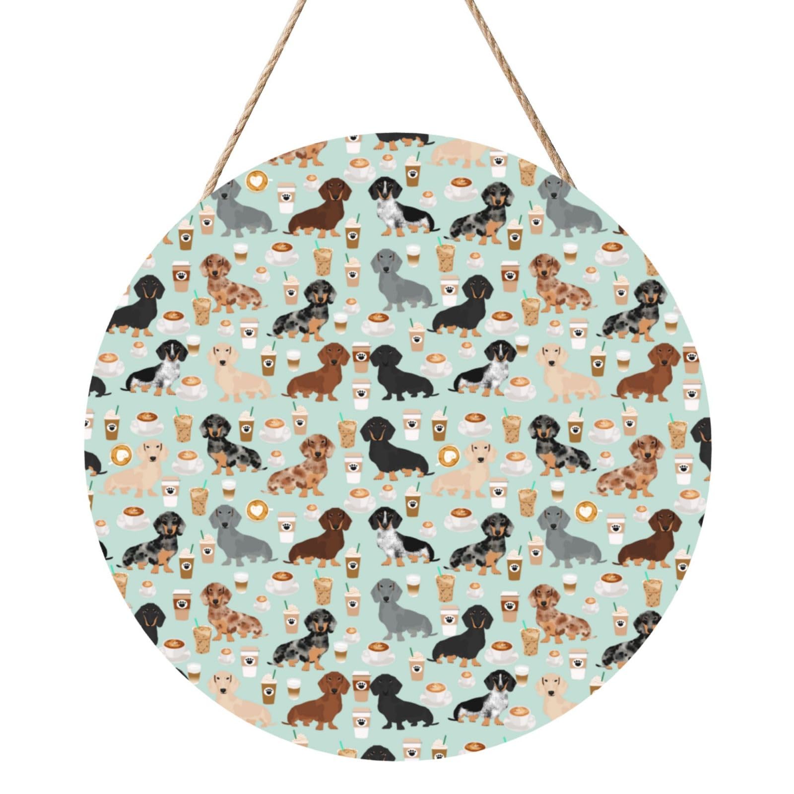 InOmak Cute Mint Dachshunds And Coffee, Round Wood Panel Painting 12 in, Wall Hanging Painting For Home