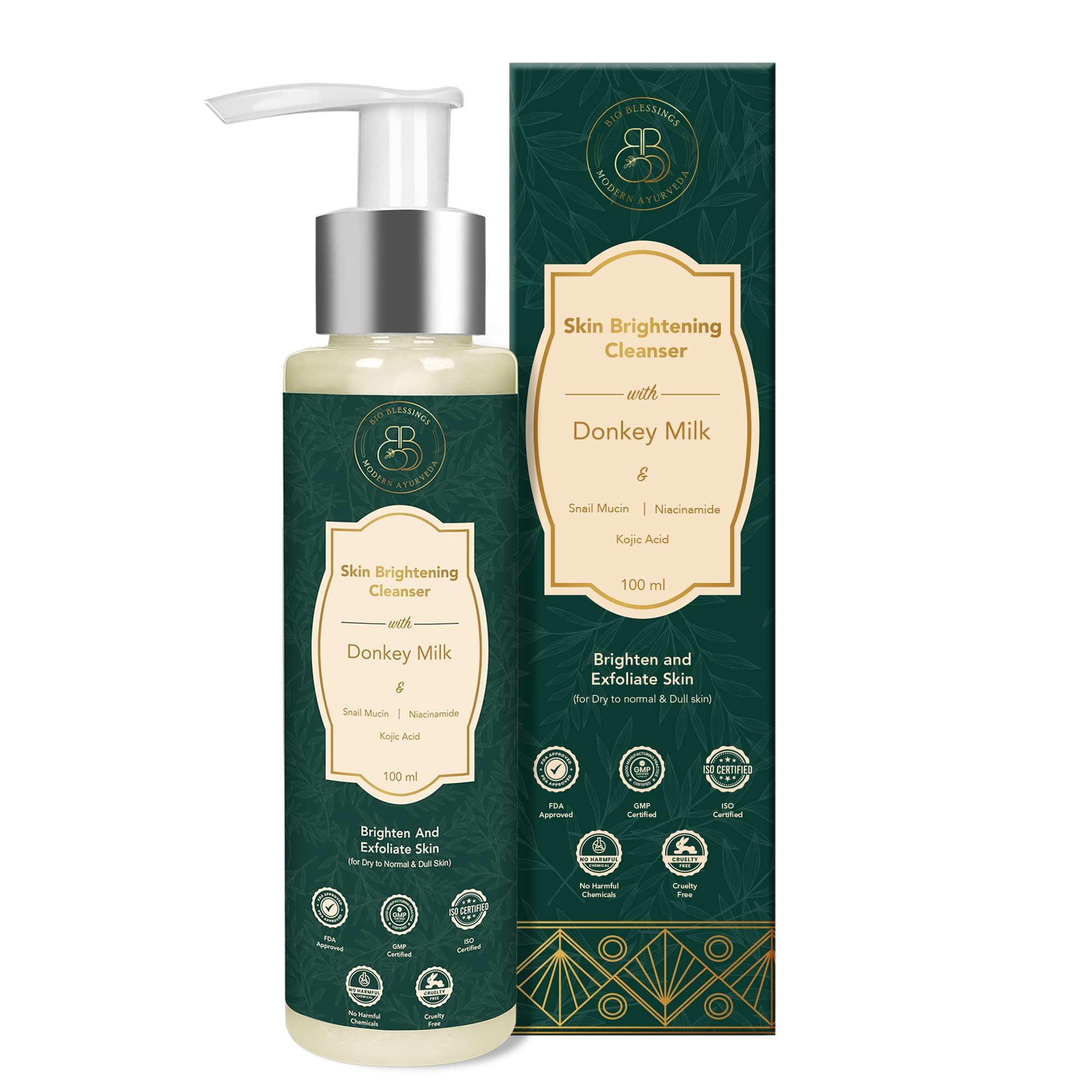 Bio Blessings Donkey Milk & Snail Mucin Skin Brightening Face Wash for Women & Men | With Niacinamide, Snail Mucin, Kojic Acid, Glycolic Acid | For Dark Spots, Exfoliation & Glowing Skin - 100ml