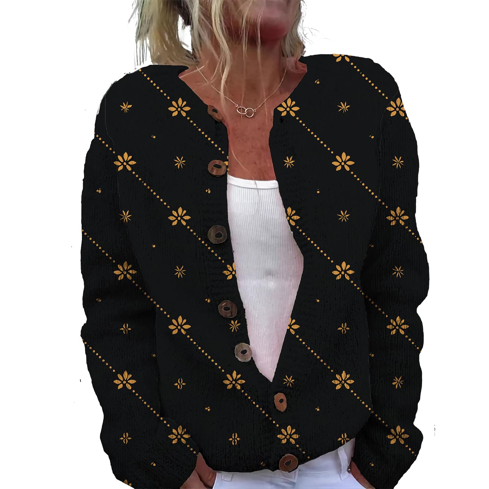 Button Down Sweaters for Women Trendy Floral Crewneck Sweater Cardigans Fall Winter Open Front Casual Coatwear
