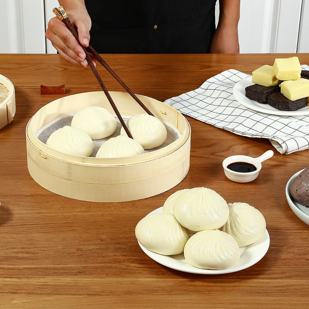 Handgefertigter 17,8 cm Bambus-Dampfkorb mit wiederverwendbaren Baumwolleinsätzen, Mehrzweck-Dampfgarer, 2-stöckig, Dampfgarer zum Kochen von Gemüse, Dim Sum, Bao-Brötchen, Fischfleisch (17,8 cm – 2