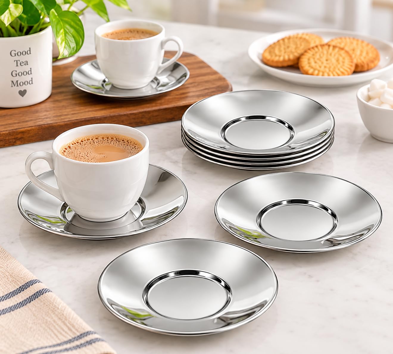 Stainless Steel Tea Coffee Saucers - 6 Pack -4