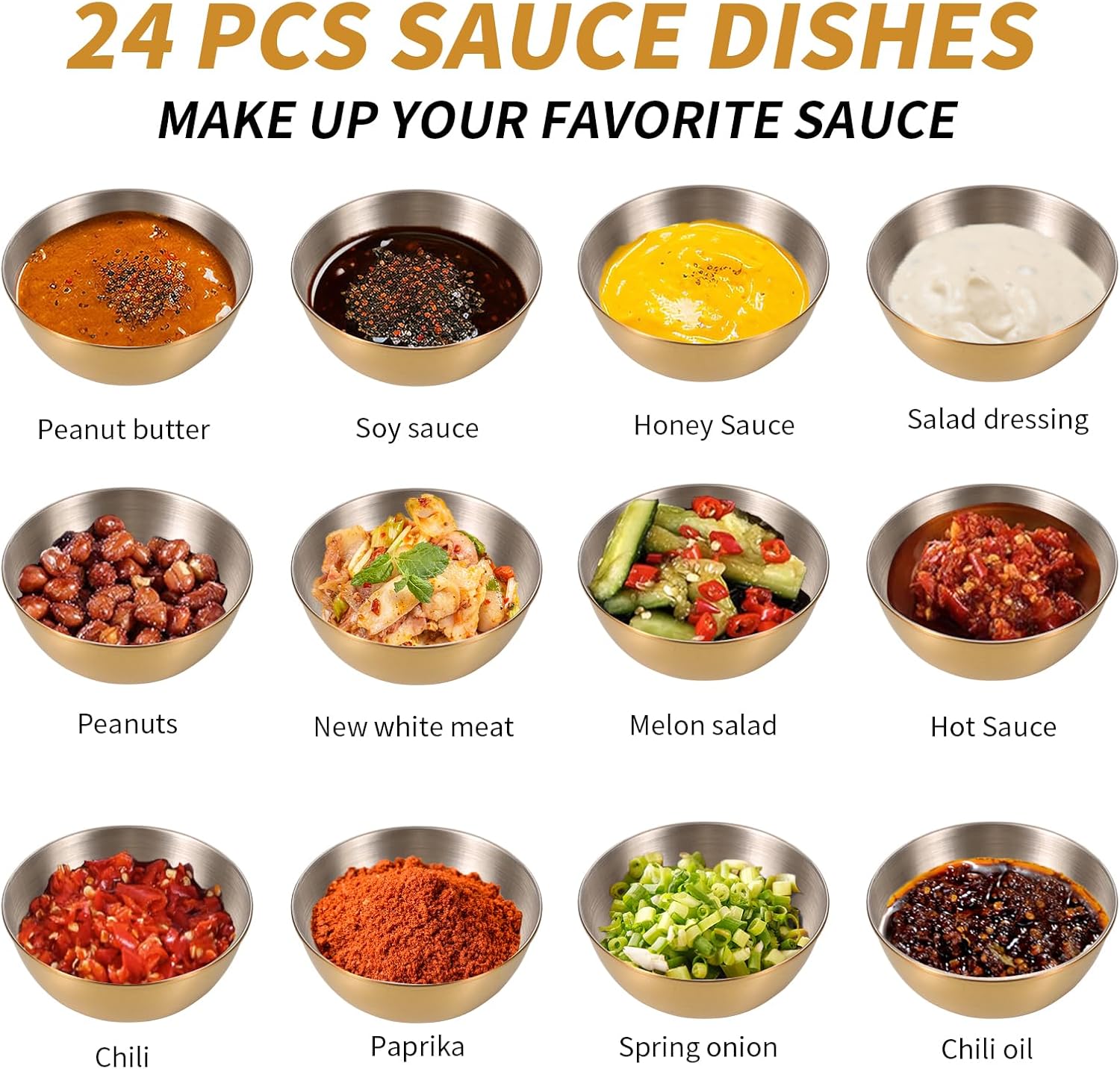 Sauce Cups 3oz 24 Pieces Two-tone Stainless Steel. Reusable Stackable Portion Containers for Sampling, Salad Dressing Sides or Dipping Sauces. Small Ramekin for Restaurant, Catering or Deli.