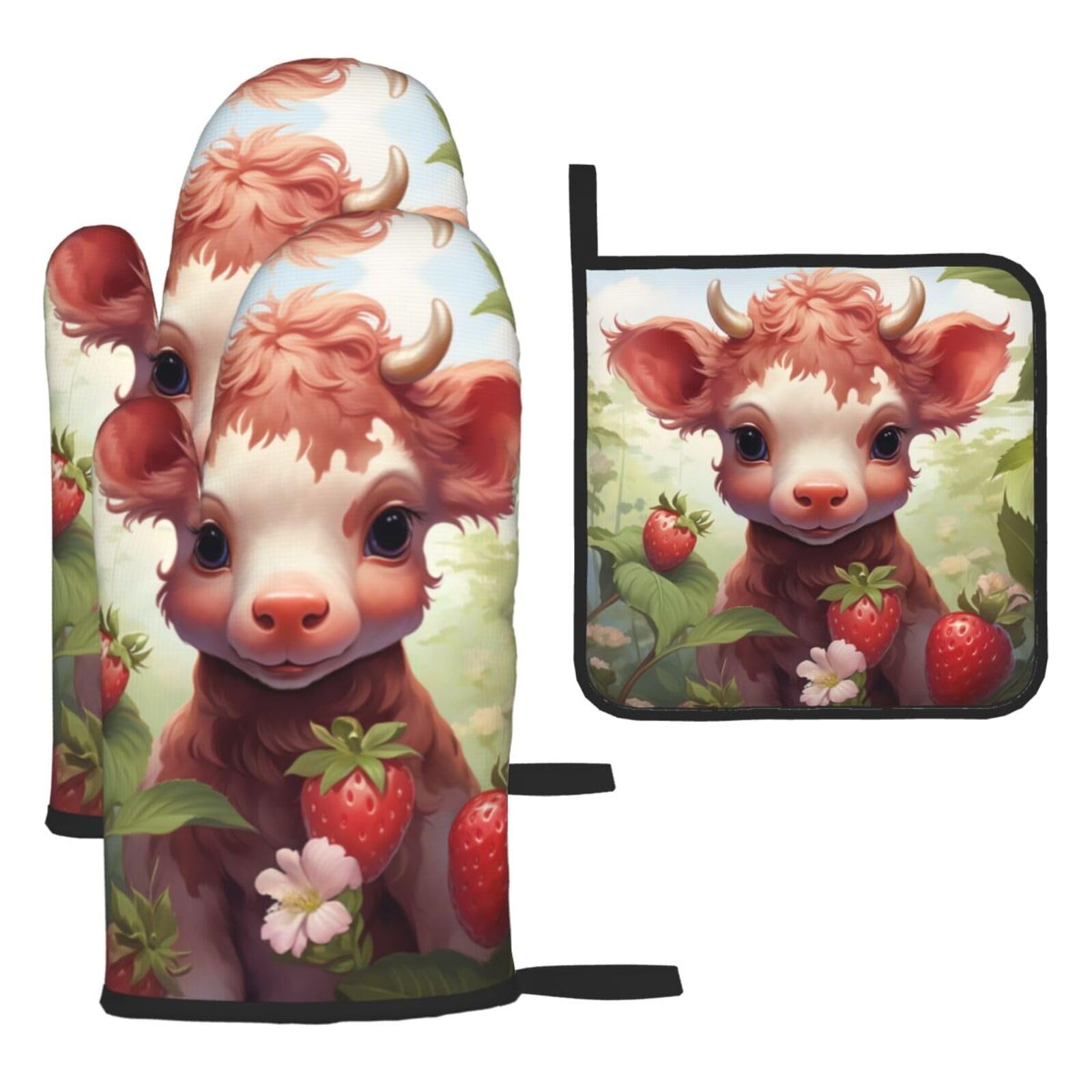 Strawberry Cow Baby Oven mittens and oven mitts three-piece set suitable for oven, grilling, baking, microwave and home cooking.