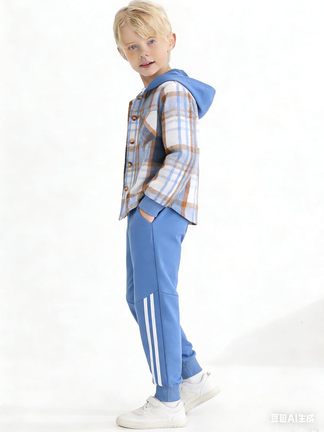 2Pcs Kids Boys Sweatsuit Hoodie Flannel Plaid Shirt Tops and Jogger Pants for Kids Fall Winter Spring Outfits - Image 5
