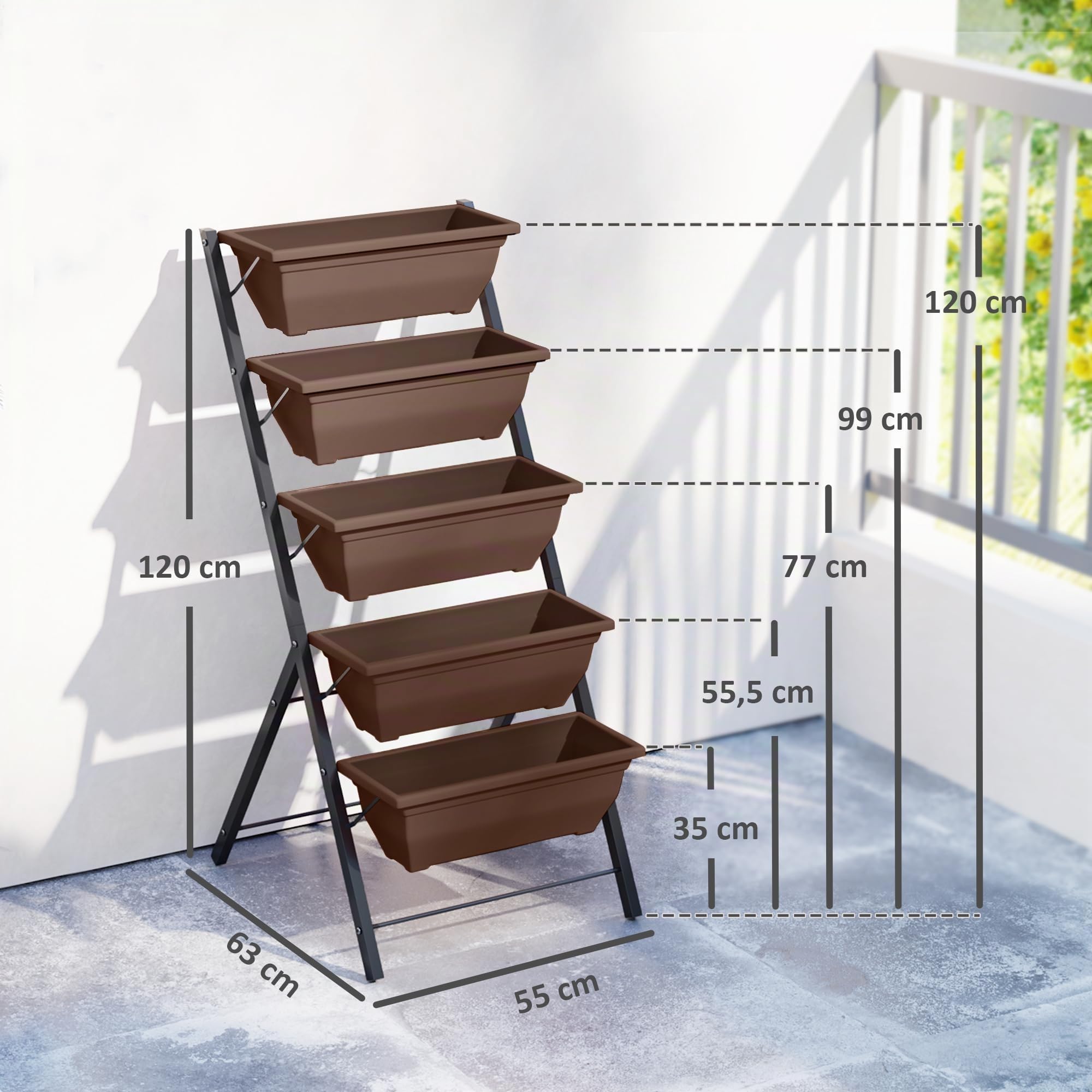 Outsunny Soporte para Plantas Exterior de 5 Niveles con 5 Macetas Negro | Estantería Esquinera con Orificios de Drenaje y Diseño en Escalera, para Interior y Exterior, 55x63x120 cm