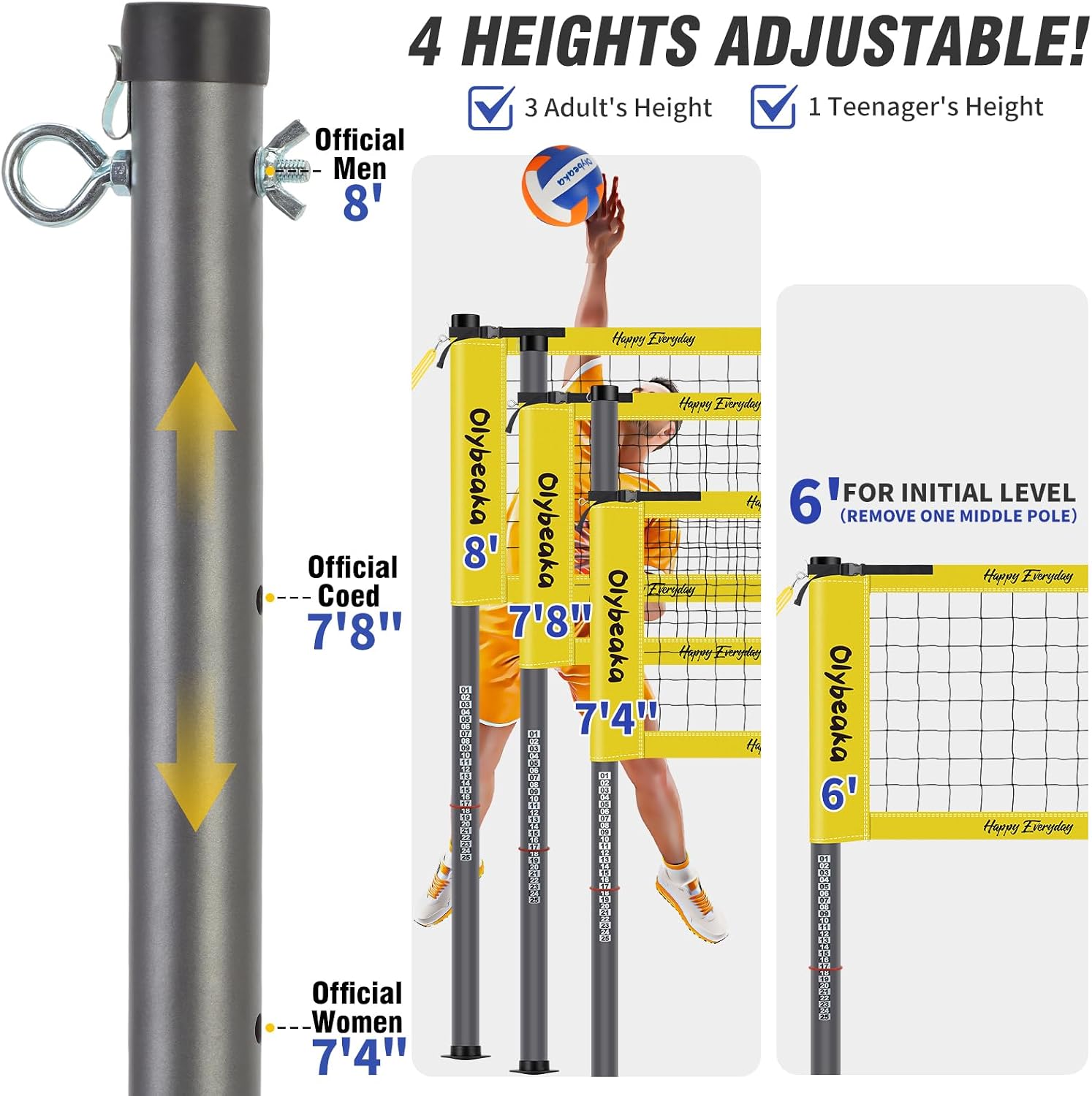 Portable Outdoor Volleyball Net Set 20FT/32FT for Backyard, Beach, Grass | 4 Adjustable Heights Volleyball Set System with Heavy-duty 1.25 in Poles, 28-ply PE Net, PU Volleyball, Pump and Carry Bag
