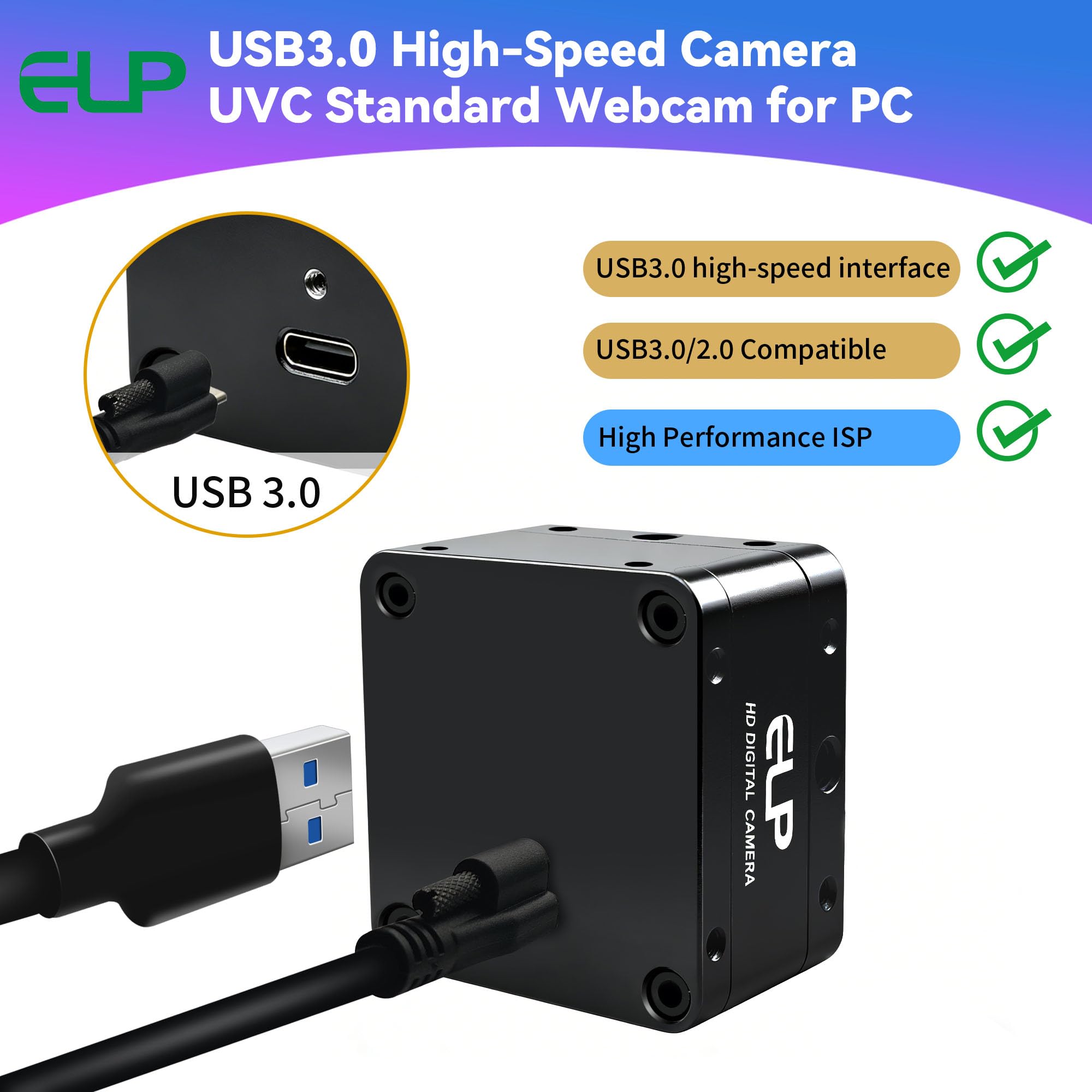 ELP Cámara USB de alta velocidad, 1080P/230fps, 4K/60fps, 12MP/30fps, Mini UVC USB3.0/2.0 Lightburn Cámaras para Windows, Linux, Mac, Pi, gran angular 88°(H) IMX577 Webcam para PC Jetson Nano
