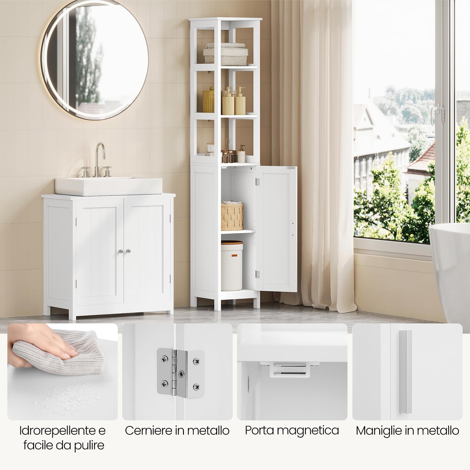 EUGAD Mobile Alto da Bagno, Mobiletto da Bagno, con 3 Scomparti Aperti, 30x30x163 cm, Portaoggetti, Mobiletto Salvaspazio Stretto, per Bagno, Soggiorno, Studio e Ufficio, Bianco 002WDG