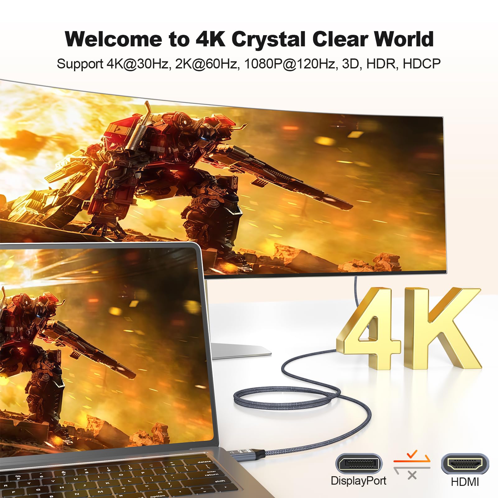 Lot de 10 câbles DisplayPort vers HDMI 4K de 1,8 m - Uni-directionnel - Port d'affichage DP vers moniteur HDMI - Adaptateur tressé 3D HDR HDCP 2.2 pour téléviseur HD, Dell, NVIDIA, Lenovo, AMD, PC