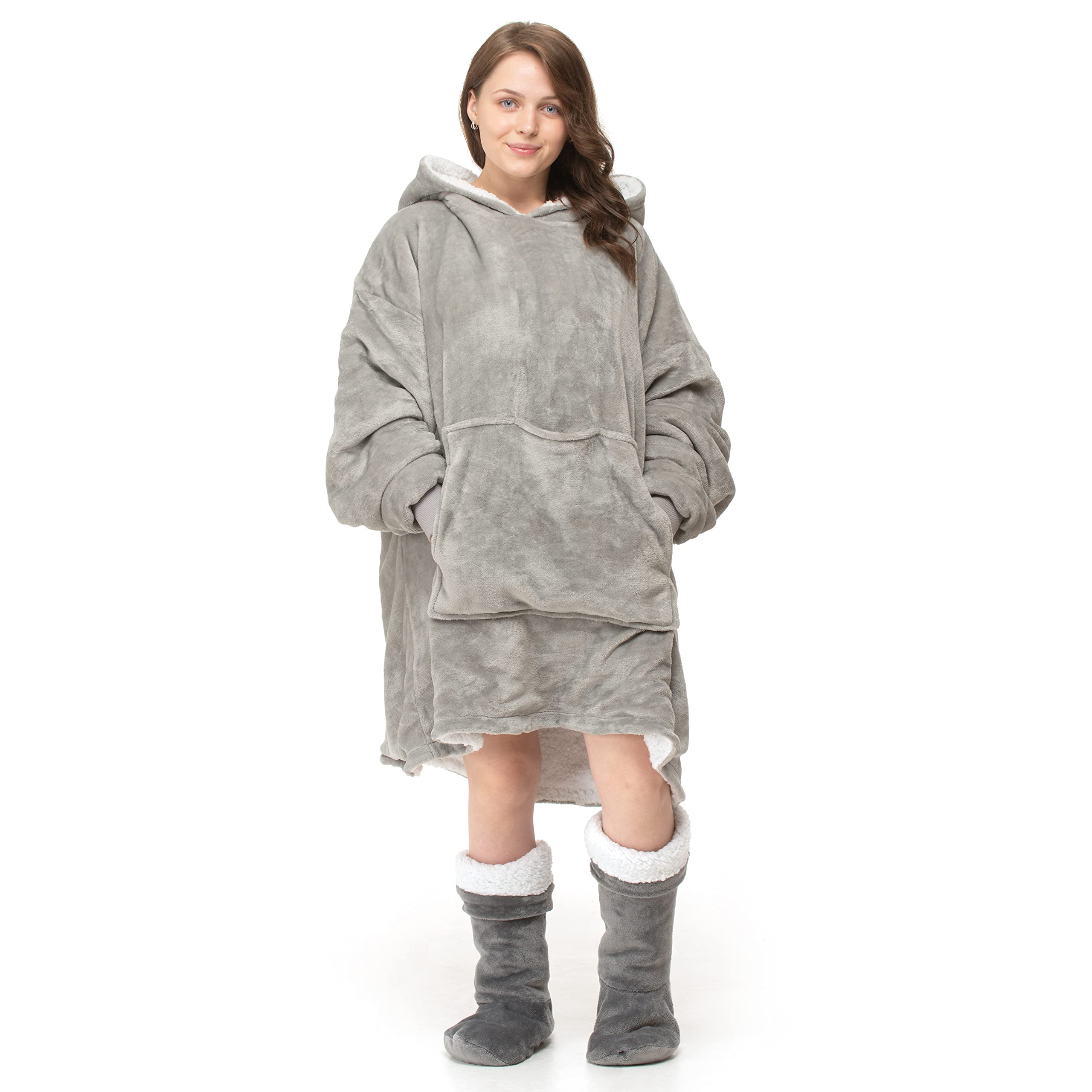 Oversize Hoodie Blanket Thermal Snug and Cosy Faux Fur Wearable Blanket Shaggy Fluffy Teddy Sherpa Soft Hoodie Gift For Him Her with Pocket Solid Grey Plain