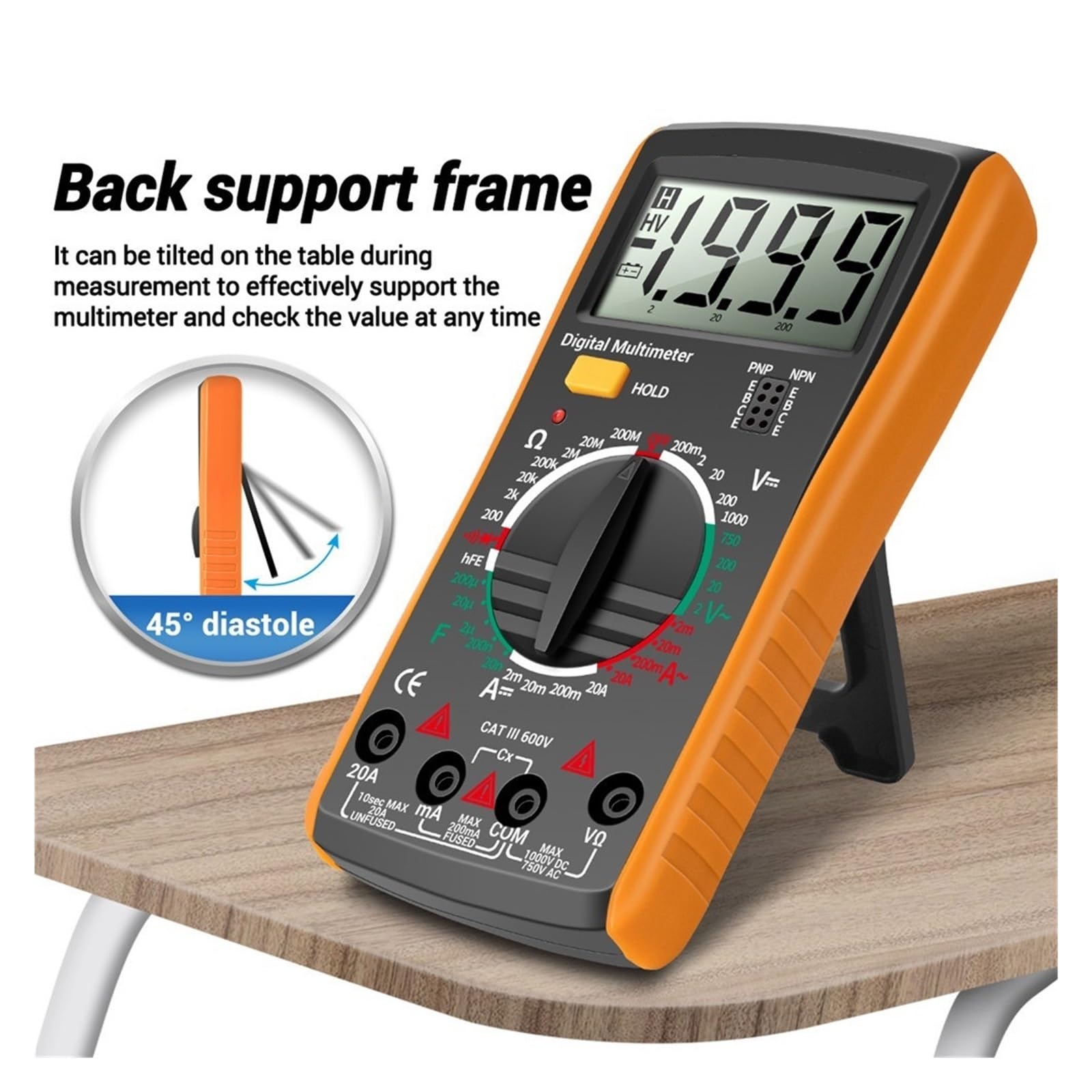 Multimetro Professionale Digitale True RMS Tester Di Corrente AC/DC Strumento Di Rilevamento Del Misuratore Di Tensione Del Condensatore HFE Ohm(Orange)