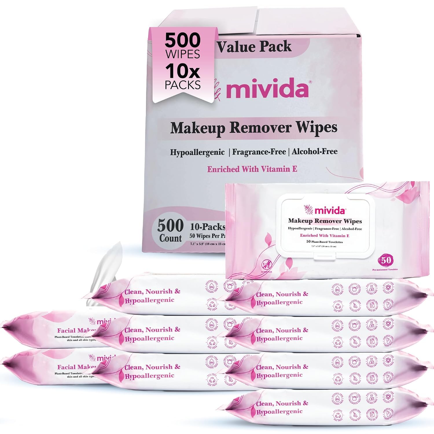 mivida Professional Makeup Remover Wipes Bulk Case | 500 Wipes (10 Packs x 50) | HRIPT Dermatologist Tested | Fragrance Free | For Salons, Spas, Clinics, Hotels & Makeup Artists