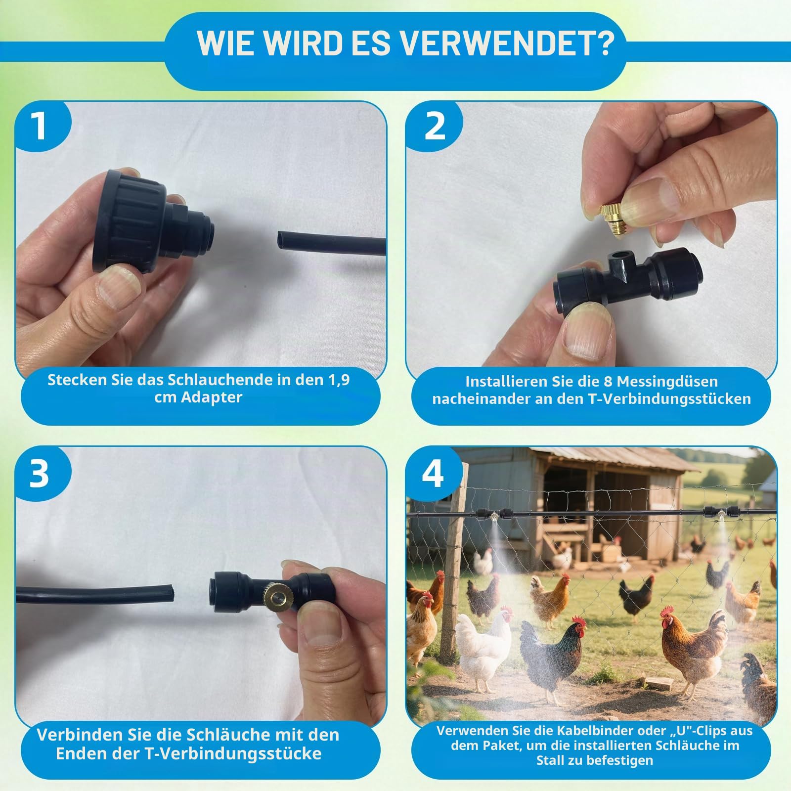 Kühlsystem für Hühnerstall, Nebelschlauch für Terrasse, mit 7,8 m Nebelleitung + 8 Nebeldüsen + 1,9 cm Adapter und T-Gelenke, perfekt zum Kühlen von Hühnerställen im Sommer