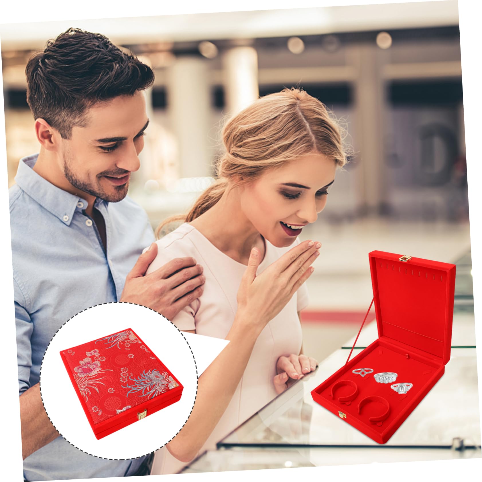 FRCOLOR Caja para Joyas de Madera y Seda Satén, Estuche Decorativo Rojo para Pulseras y Collares, Protección contra Polvo y Huellas, Adecuado para Boda