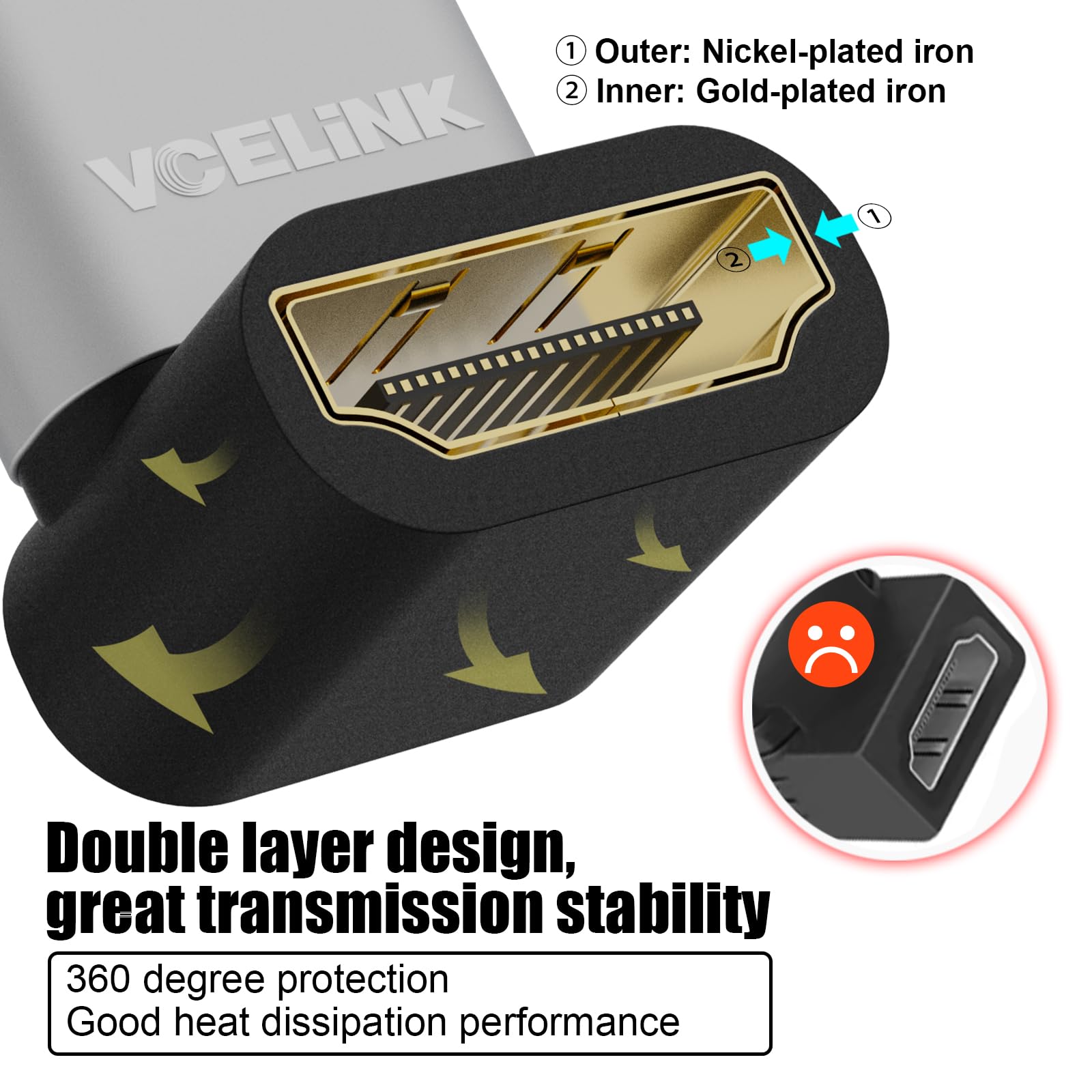 VCELINK Right Angle HDMI Adapter 8K, HDMI Connector 270 degree, HDMI Male to Female Adapter 2.1 Gold Plated Support 8K@60Hz - Image 4