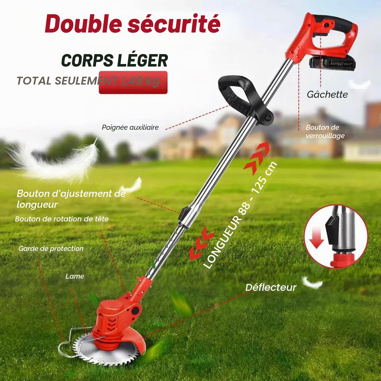 Debroussailleuse Electrique sans Fil, Coupe Bordure sans Fil avec Batterie Compatible avec Makita Batteries avec 2 Batterie avec Poignée Réglable - Débroussailleuse à Gazon pour Jardin (Rouge)