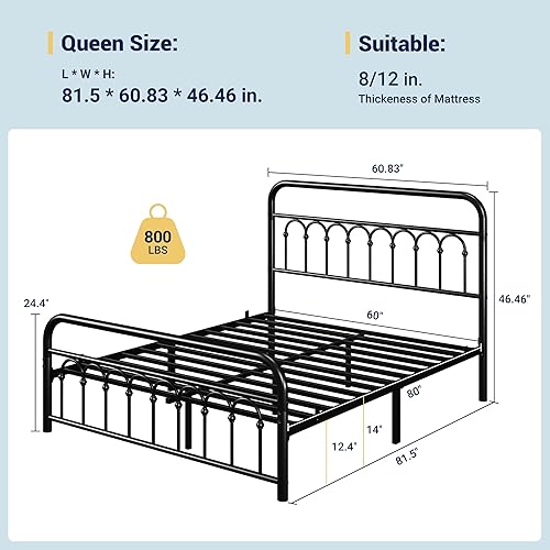 Miniatura 2 de Allewie Marco de cama de plataforma de metal tamaño Queen de 14 pulgadas con cabecero/pie de cama curvado de hierro forjado estilo victoriano, Negro