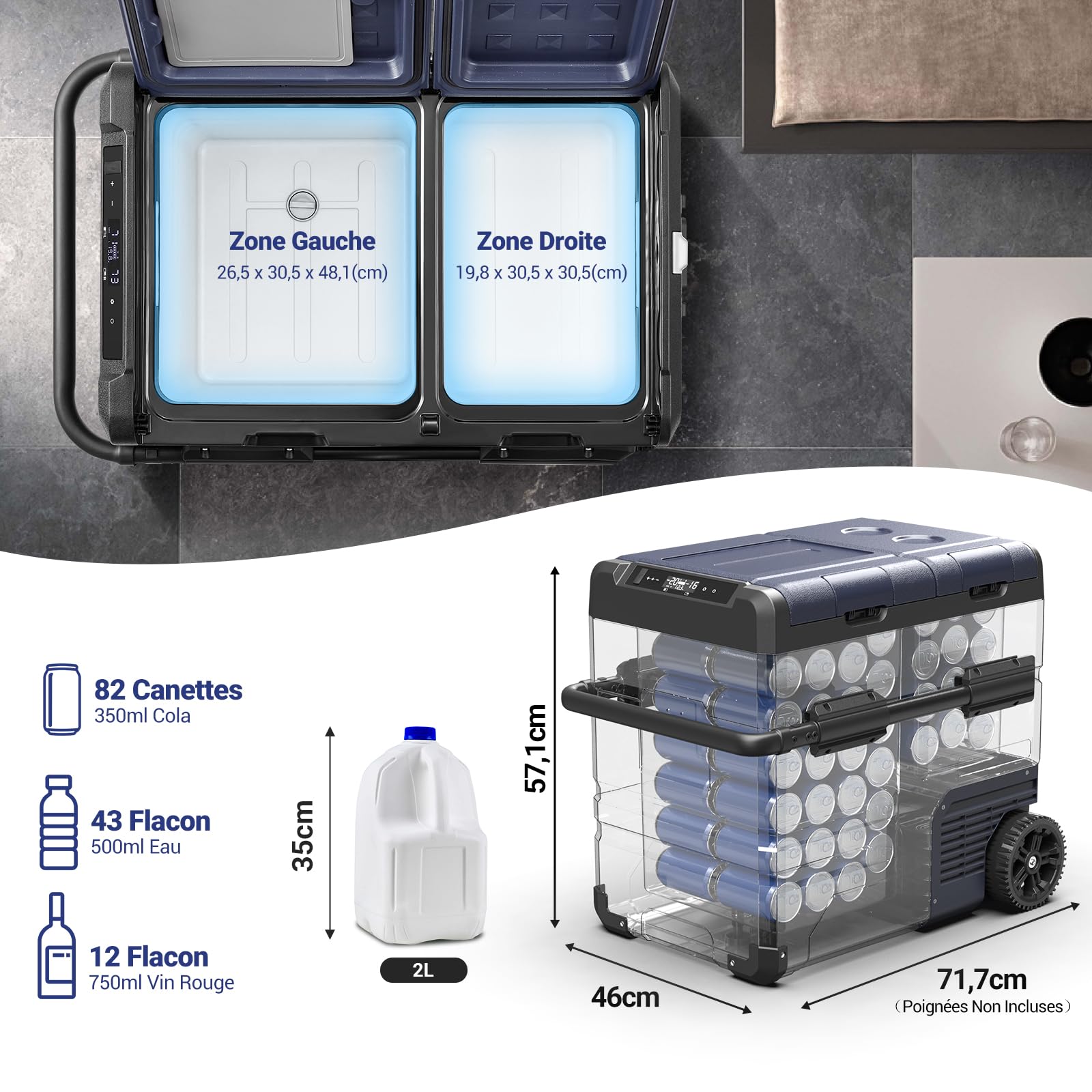 AAOBOSI 55L Glaciere Electrique, Bi-Zonal, Glaciere a Compression Avec APP, Chargement Par USB, Eclairage Par LED, 12/24 V et 100-240 V, -20°C à 20°C, Avec Roues, Pour De Nombreux Modèles De Véhicules