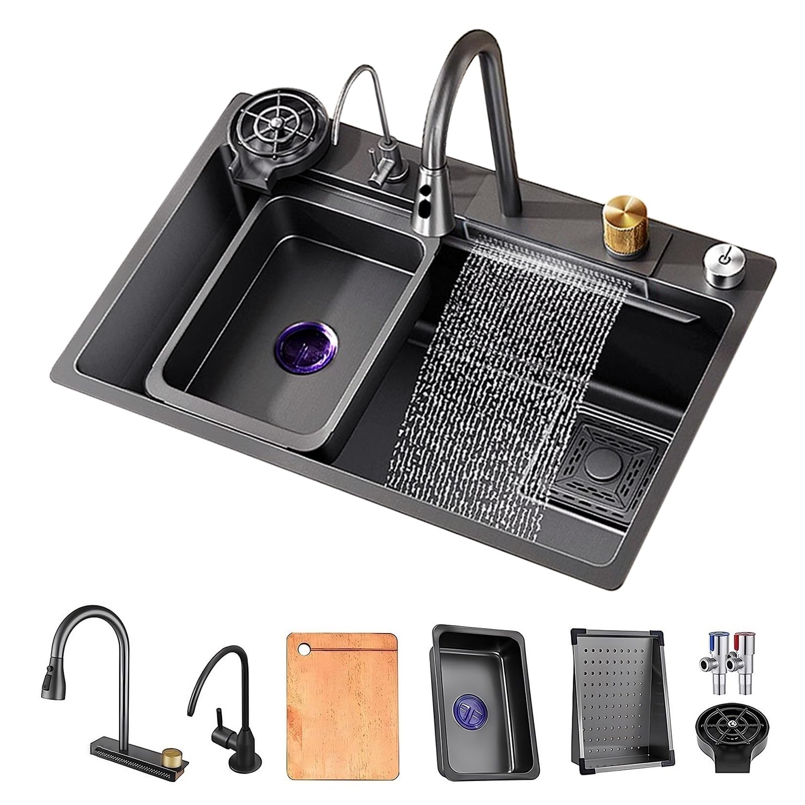 ZQFHSX Black Gray Stainless Steel Kitchen Sink With Waterfall Spout, Pull Down Faucet, Cup Washer & Drain Accessories, Single Basin Bar Sink, Workstation (Size : 80x45x21cm)