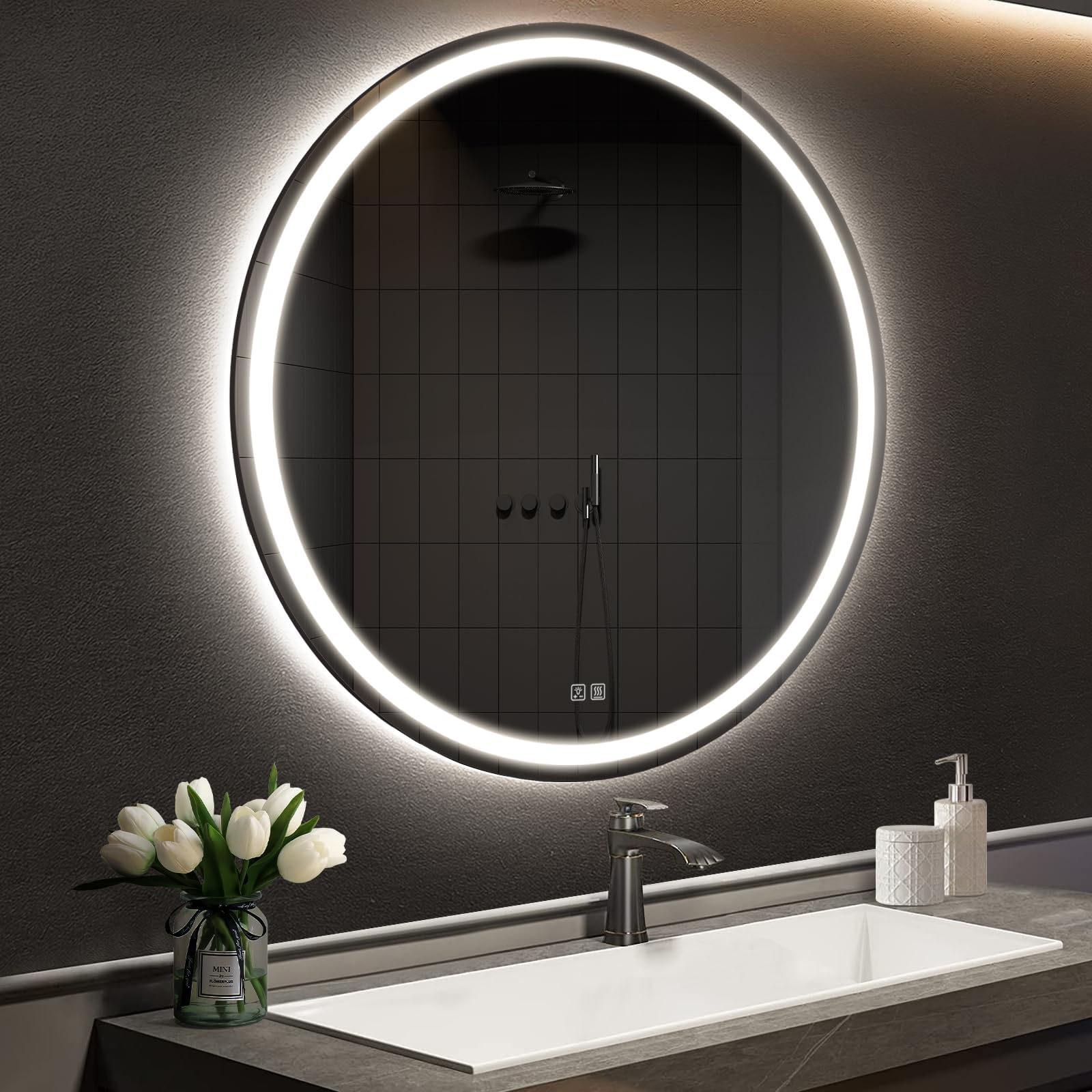 Krugg LED Bathroom Round Mirror 22 Inch Diameter Lighted