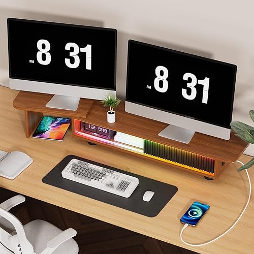 Miniatura 2 de Artswish Soporte elevador de monitor de madera con estación de carga y tira de luz, soporte de monitor doble de ángulo ajustable para escritorio,