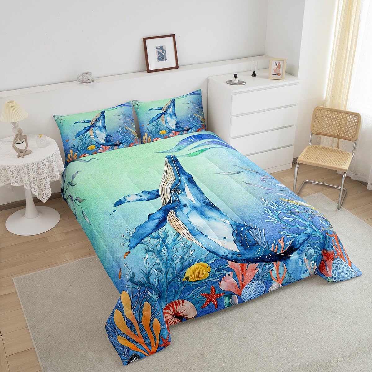 Whale Bedding Sets - Queen Size, Kids Teal Whale Comforter Set with Ocean Decor, Sea Animal Duvet Insert, Starfish Coral Quilted Comforter and 2 Pillow Covers