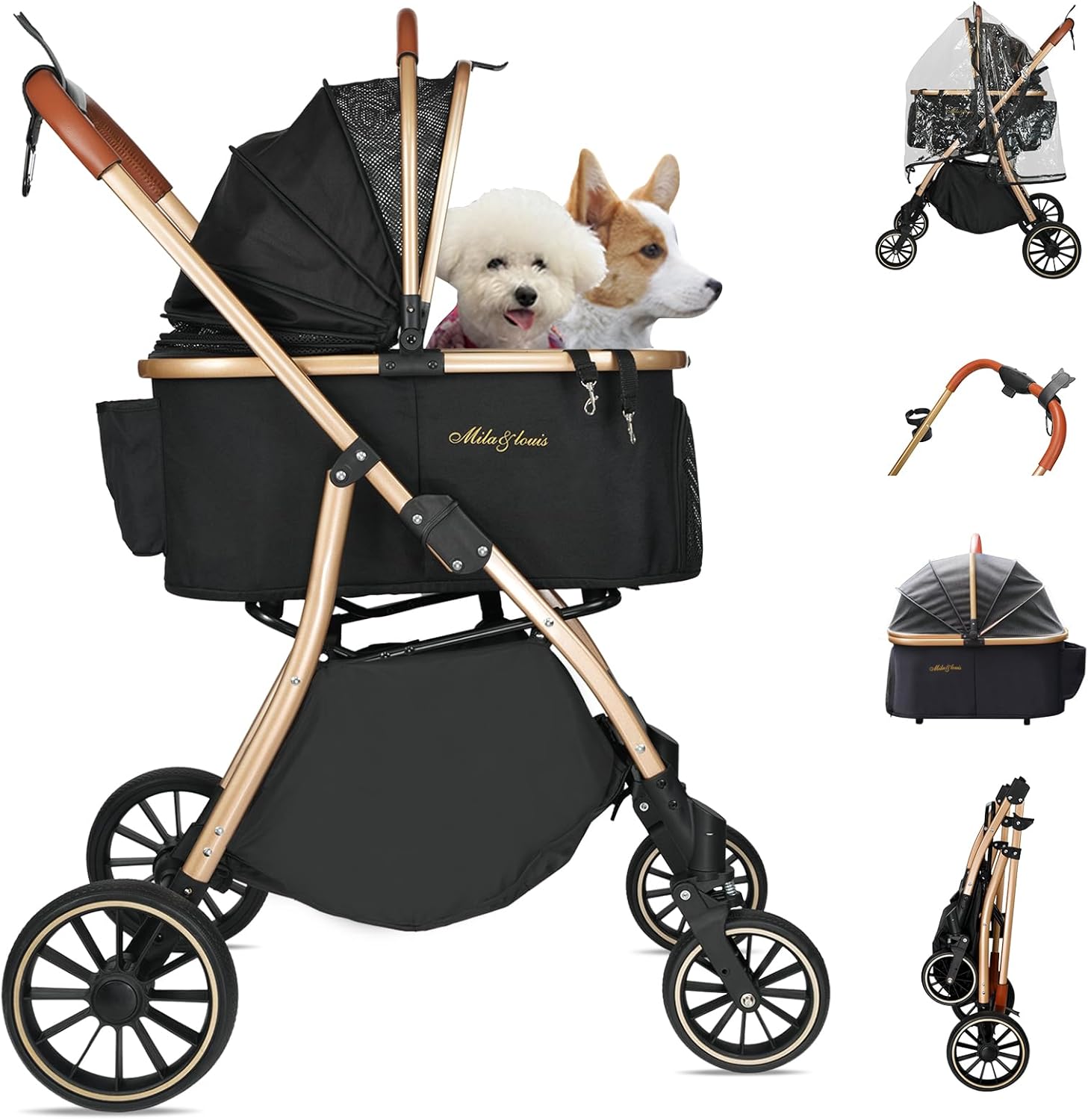 MILA&LOUIS Dog Stroller for Medium & Small Dogs with 4 Large Upgraded Wheel, Rain Cover, Cup Holder, Hook, Sturdy Puppy Pet Stroller with Detachable Aluminum Cradle Black Sturdy Premium