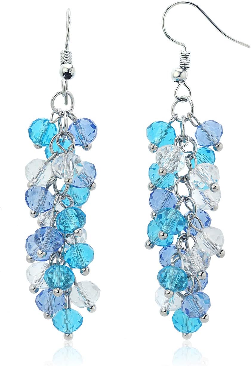 Gem Stone King 2 Inch Ocean Blue Cluster Faceted Crystal Dangle Hook Earrings For Women 2 Inch