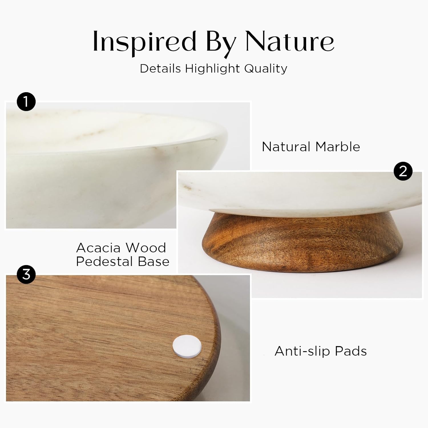 White Marble Fruit Bowl with Acacia Wood Pedestal, Large Decorative Footed Bowl, Natural Stone Centerpiece for Kitchen Counter, Entryway, Keys, Dining Table, House Warming Gifts New Home(11Inch) - Image 3