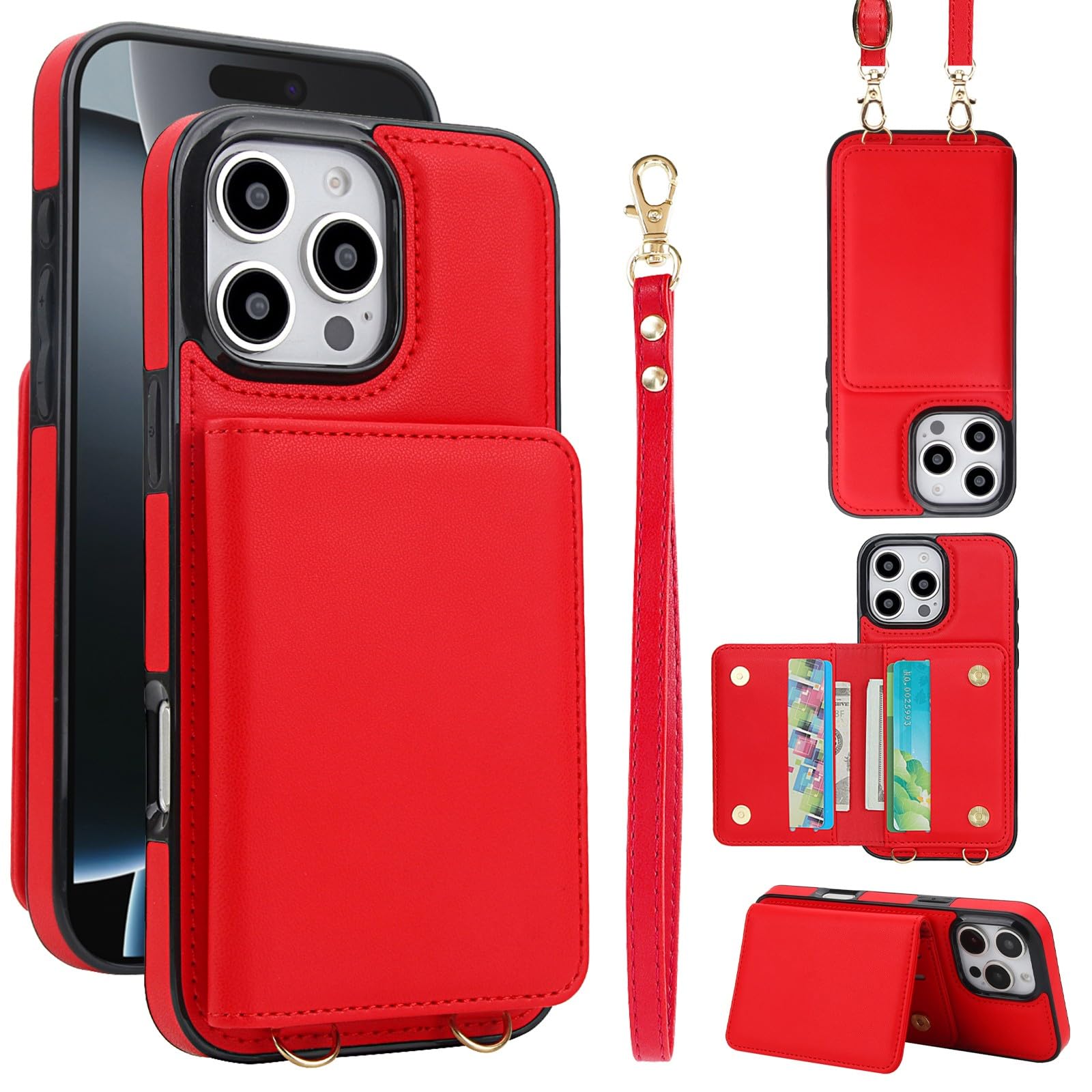 Étui iPhone 15 Pro Max rouge portefeuille cuir avec sangle - 8