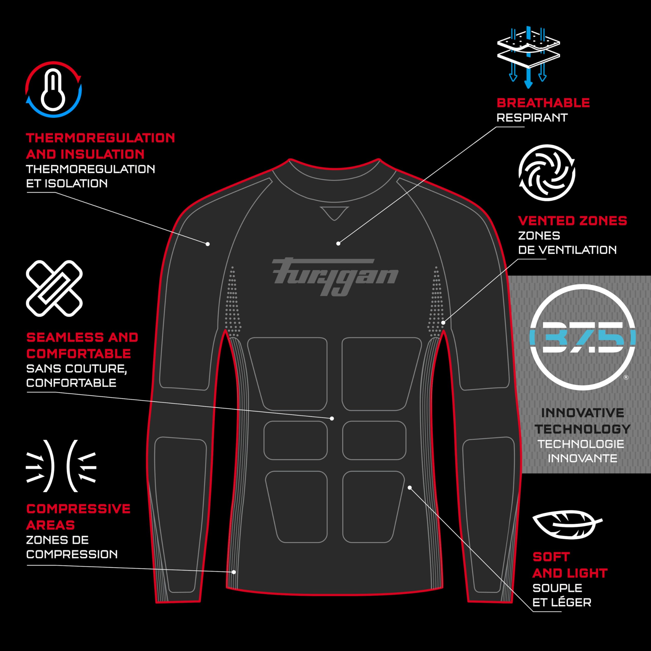 Furygan Active Long Sleeves Technisches Kleidungsstück mit 37.5® Thermoregulationstechnologie & Active Long Sleeves Thermo 37.5® - Technische Winterbekleidung - Nahtlose Atmungsaktivität und Wärme