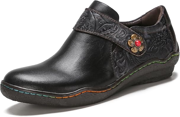 Superladystars Women Comfy Cowhide Hand Made Flat Shoes, Coloring Painted, Hand Embossed, Retro Style, Walk Shoes