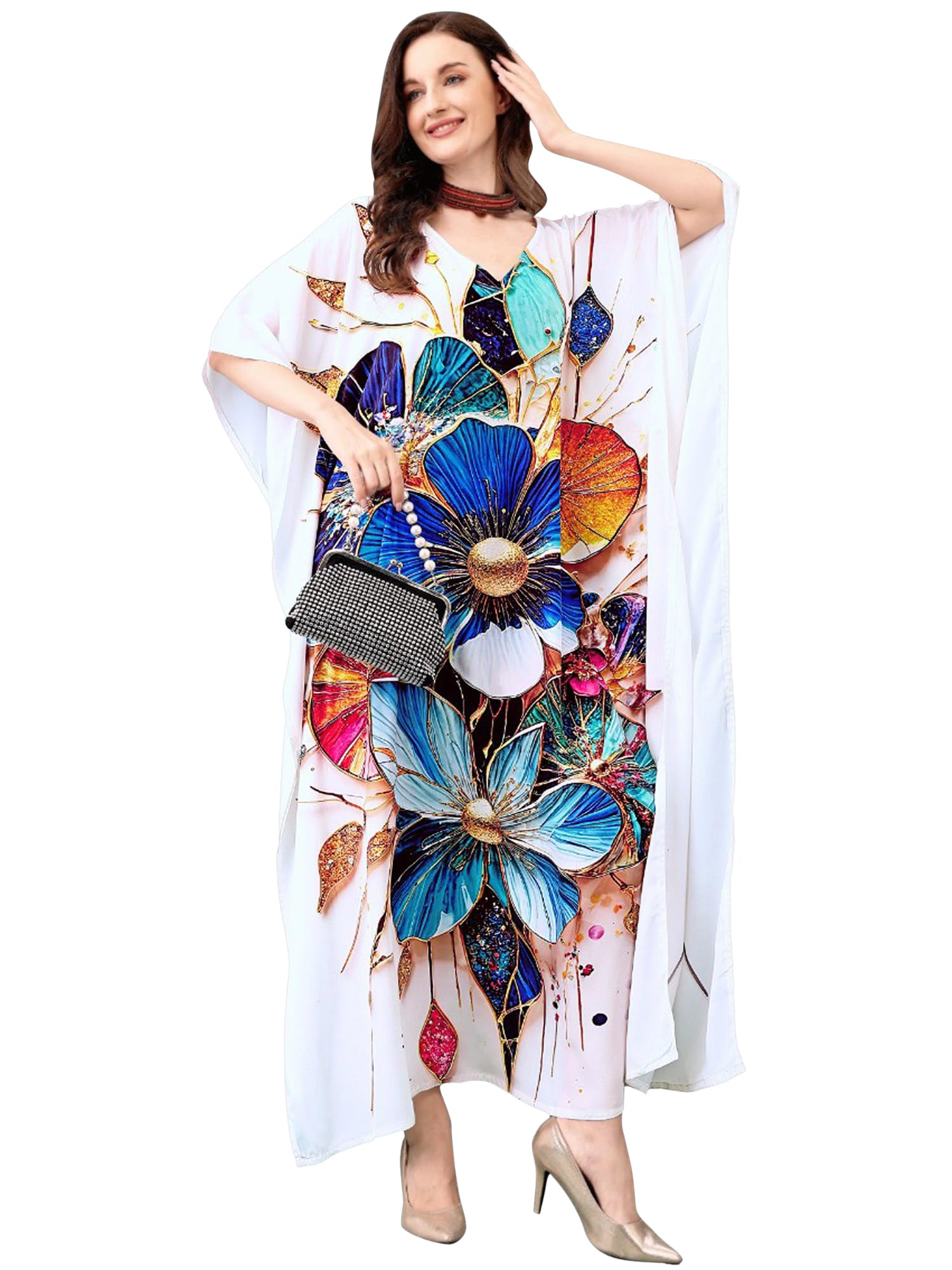 exotic india Women's Elegant Lucent White Kaftan Flowy Floral Printed Dress for Resort & Evening Wear.-picture-11